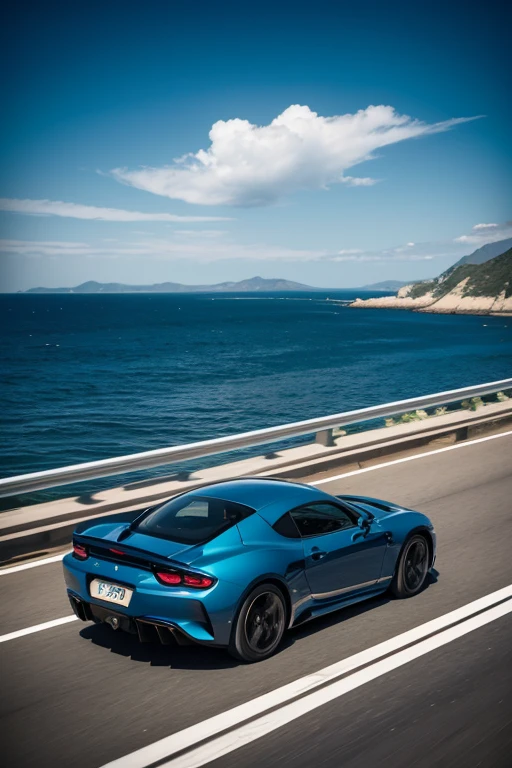 I want to generate a【There is a stylish and atmospheric appearance of a sports car、A cool and beautiful dark blue car speeds on the cross-sea bridge，The car is the focal point of the poster，From the side and rear of the car, the car looks very cool，At the same time, there is a silhouette of a car on the sea，Blue and sky are quite blue】Posters
