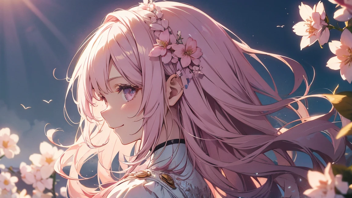 Natural light, Floating Hair, A kind smile, profile, Pale pink hair, Spring flower,