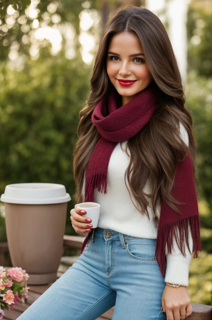 Casual photograph, best quality, 8K, hyper detailed, full body, A close up portrait of a Gorgeous, charming, alluring, graceful, majestic, classy, stylish, flowing super long brown haired argentinian woman. Flowing hair, silky hair, glowing hair, ethereal argentinian beauty, exotic argentinian beauty, timeless argentinian beauty, dream argentinian beauty. She has the cutest face, beaming countenance, fair porcelain skin, soft make-up, red lipstick, she is wearing a burgundy leather jacket, sweater, scarf, skinny trousers, and boots. She's glad, happy, cheerful, joyful, angelical face, angelical beauty. Affectionate woman, tenderness and delicacy in person. She's at garden, having a coffee.  
