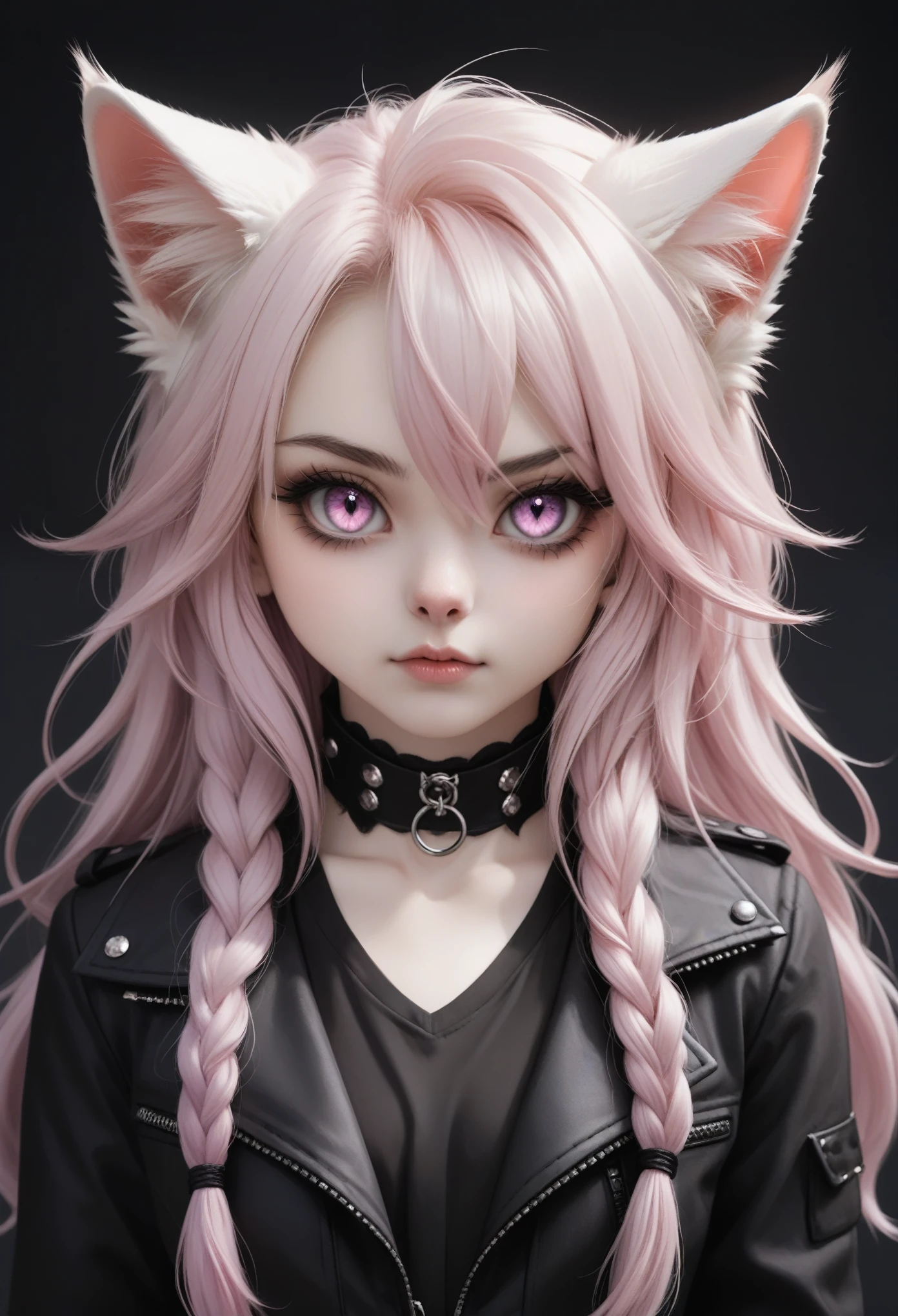 solo, (2d, absurdres, best quality, trending on deviantart, trending on danbooru), vox machina style, anime style, ((no background)), (goth, solo, anthro, cat, maine coon, white body, white fur, white tail, white ears, white ear tips, tufted fur), (half-lidded eyes,  neutral expression, annoyed frown), ((pink sclera)), ((white eyes)), (glowy pupils, slit pupils), (goth clothing, boots), (lavender and black hair, gradient hair,  medium-length hair, straight hair, straighten hair),  (black torn jeans),  fluffy tail,  (pink nose, short snout), 