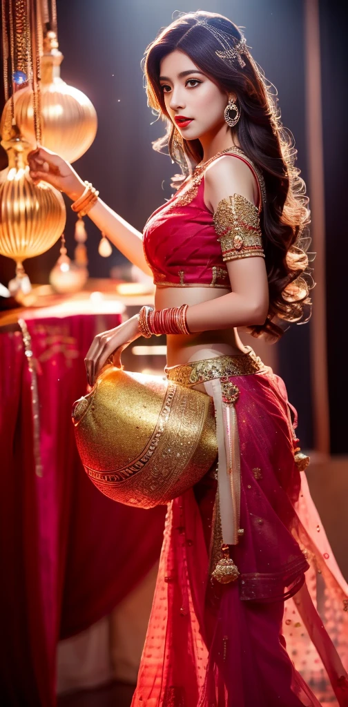 4K, Ultra-high resolution, masterpiece, 1 girl, turn around、Nice face, Fine grain, Detailed lips, Very long hair, Straight hair, Very long hair, Beautiful Hair, hair Decorations, hair band, Gradient Hair, ((Red Lehenga)), ((Bridal Lehenga)), ((Decorative blouse)), sardine, ((Lehenga Jewelry)), ((race)), Decorations, neckrace, Earrings, high intensity lighting, ((Bare Belly)), Wedding Stage, Fujicolor, Depth of written boundary, Ray Tracing, Ultra-Realistic Details,