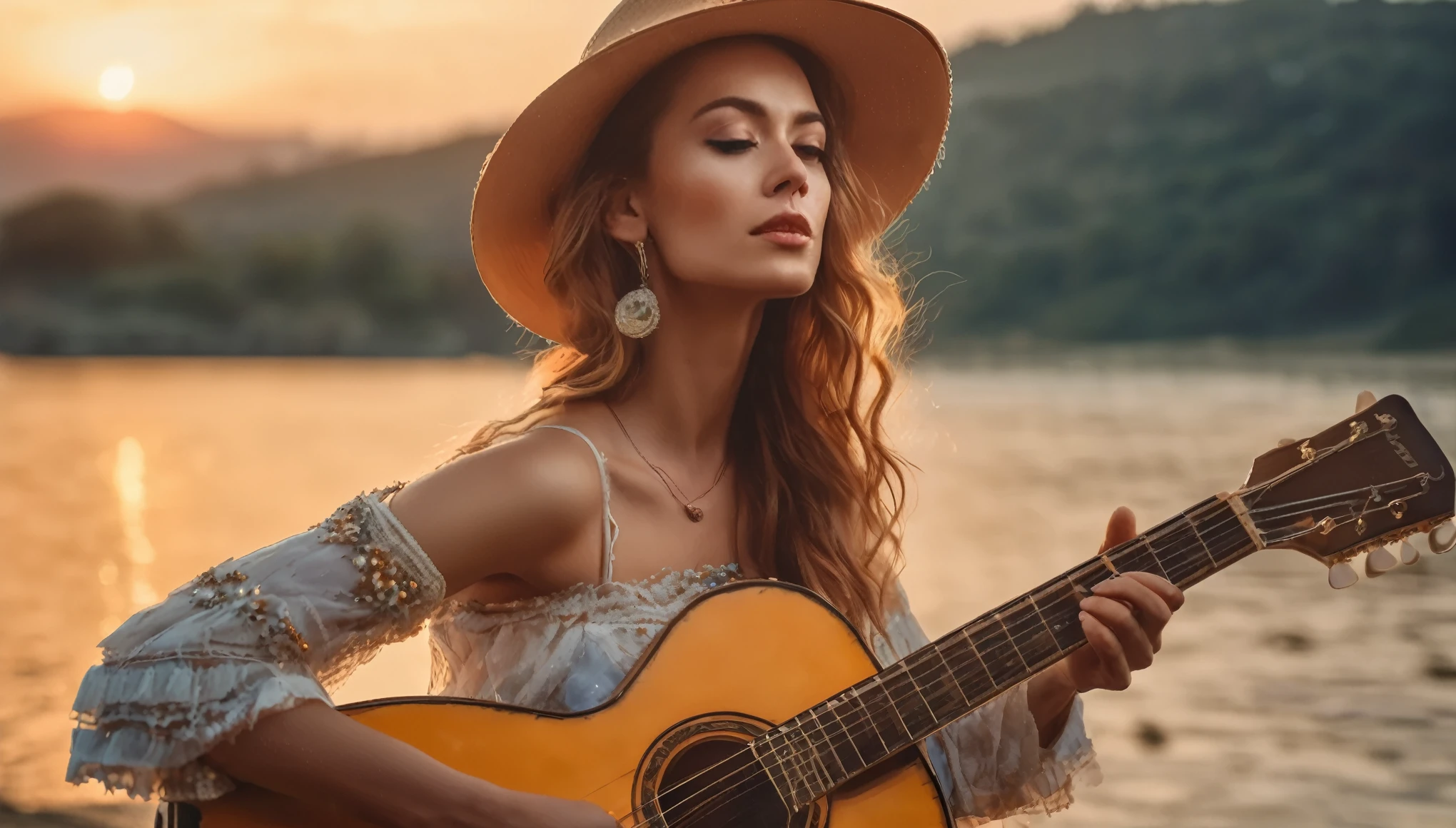 ((best quality)), ((masterpiece)),(detail), perfect face, full body shot of a beautiful woman playing guitar, Clear face, clear guitar, romantic style, retro vintage and romanticism, beautiful sunset nature in background, hyper-realistic photos, 8k, ultra high resolution,sharp faces