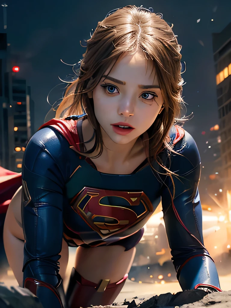 A beautiful young girl with child-breasts wearing a Supergirl underwear, latex bodysuit, (((Supergirl is raped by a robot))) torture, painful, rape from behind,supergirl armor, long superwoman cape, Supergirl-themed yelow hair, (best quality,4k,8k,highres,masterpiece:1.2),ultra-detailed,(realistic,photorealistic,photo-realistic:1.37),detailed facial features,beautiful detailed eyes,beautiful detailed lips,extremely detailed eyes and face,longeyelashes,superhero,strong lighting,dramatic shadows,intricate details,vibrant colors,cinematic,concept art,supergirl panties,torn shirt revealing breasts,show chest,child-chest,show nipples bare chest, small preasts,naked,nude, bare body, in battle, superman icon, city, ((Raped, forced, Knocked down)), ruined landscape, future context