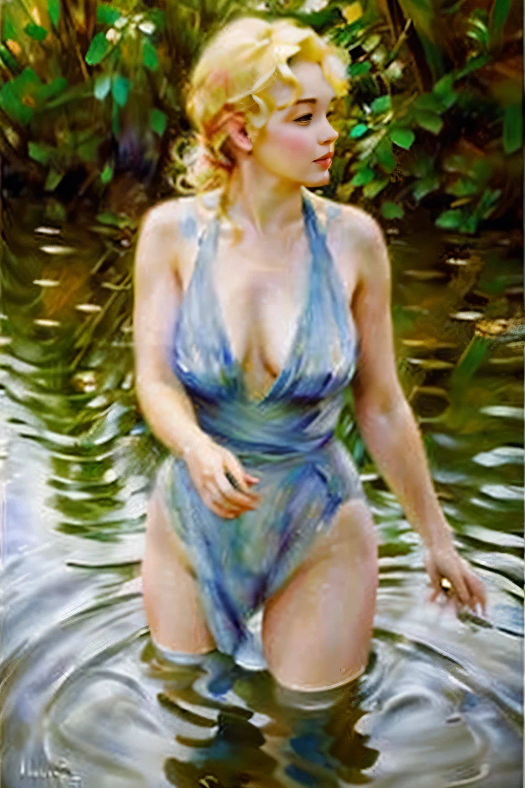 ((realistic:1,5)), ((Best quality)), ((masterpiece)), ((detailed)), (Naked Marilyn Monroe), (Upper body: 1,3), ultra wide angle lens, focus on the face , swimming in the river, expressive eyes, Long wet hair, (detailed face, beautiful eyes: 1. 3), perfect composition, tricky trick, spicy, dramatic (mirror lighting: 1.3), ((Photorealistic oil painting ; 1.5)),Renoir's style.
