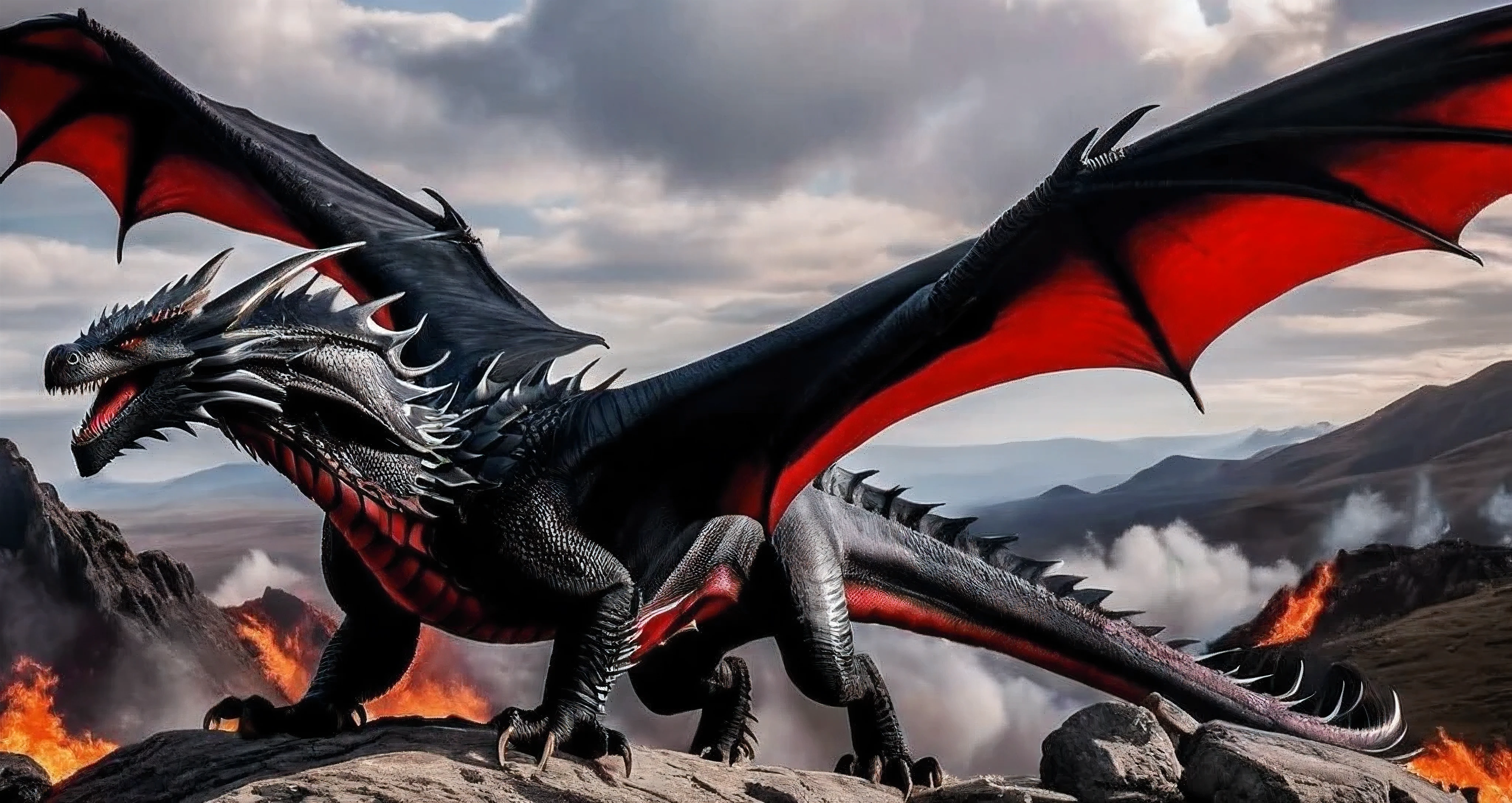 Center Full body shot, best quality, realistic. Drogon is the largest of Targaryen's dragons. His black scales are slashed with streaks of vivid scarlet red. His horns and wings are also scarlet red, and his eyes are red as coals. As typical of dragons, his teeth are black. His flame is black fire shot with red. The span of his wings is three times the length of his body, and most of his body appears to be neck, tail, and wing.