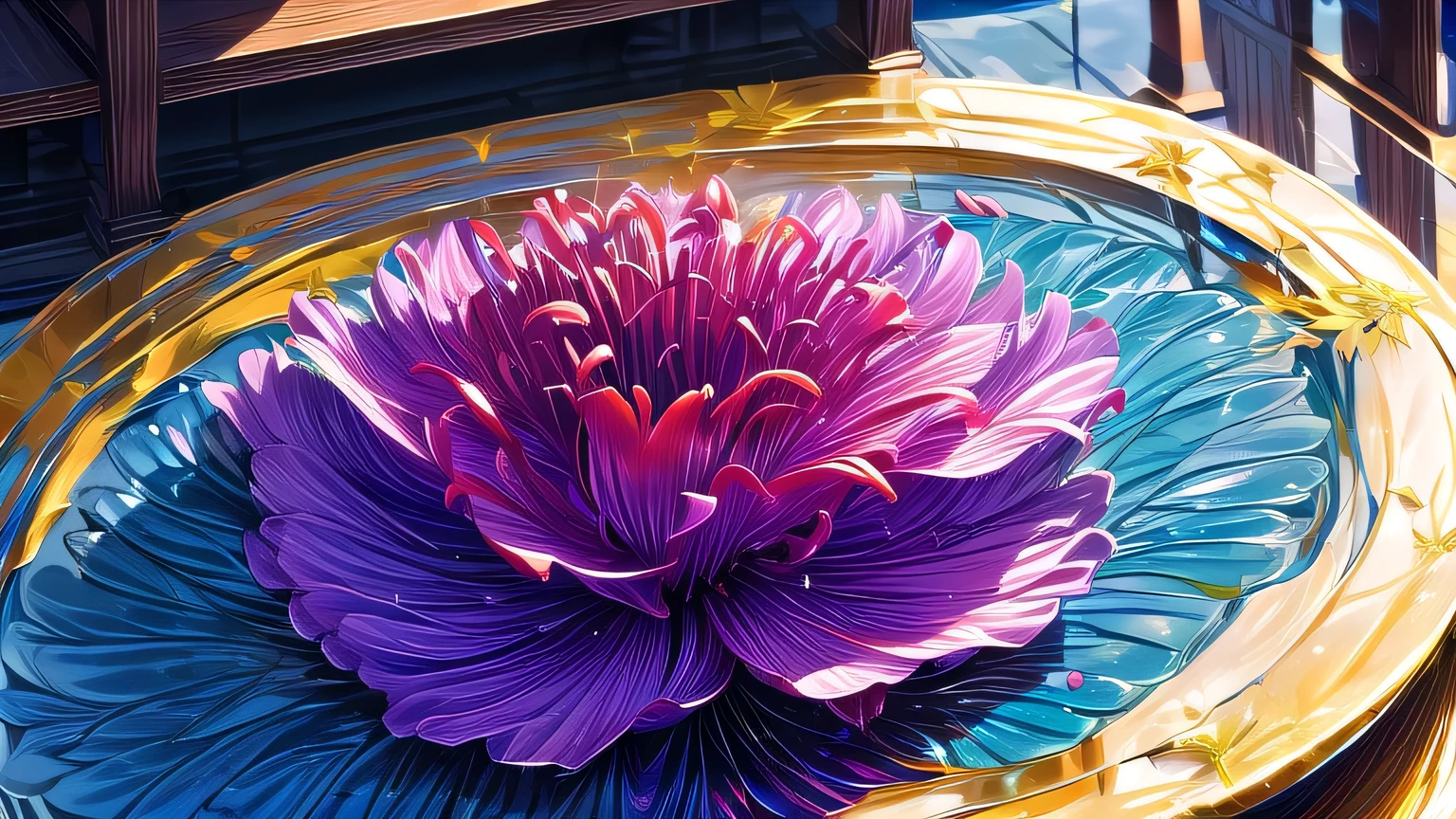 (liquid metal art: 1.5) liquid metal a picture of a exquisite beautiful lily flower made from (liquid metal: 1.5) (masterpiece, best detailed, best quality: 1.4), (blue: 1.5) petals, there is (purple: 1.3) vivid, living butterfly (masterpiece, best detailed, best quality: 1.4) flying near the lily dynamic range, ultra wide shot, photorealism, depth of field, hyper realistic, dynamic range, ultra wide shot, photorealism, depth of field, hyper realistic, 3D render, meltmetal