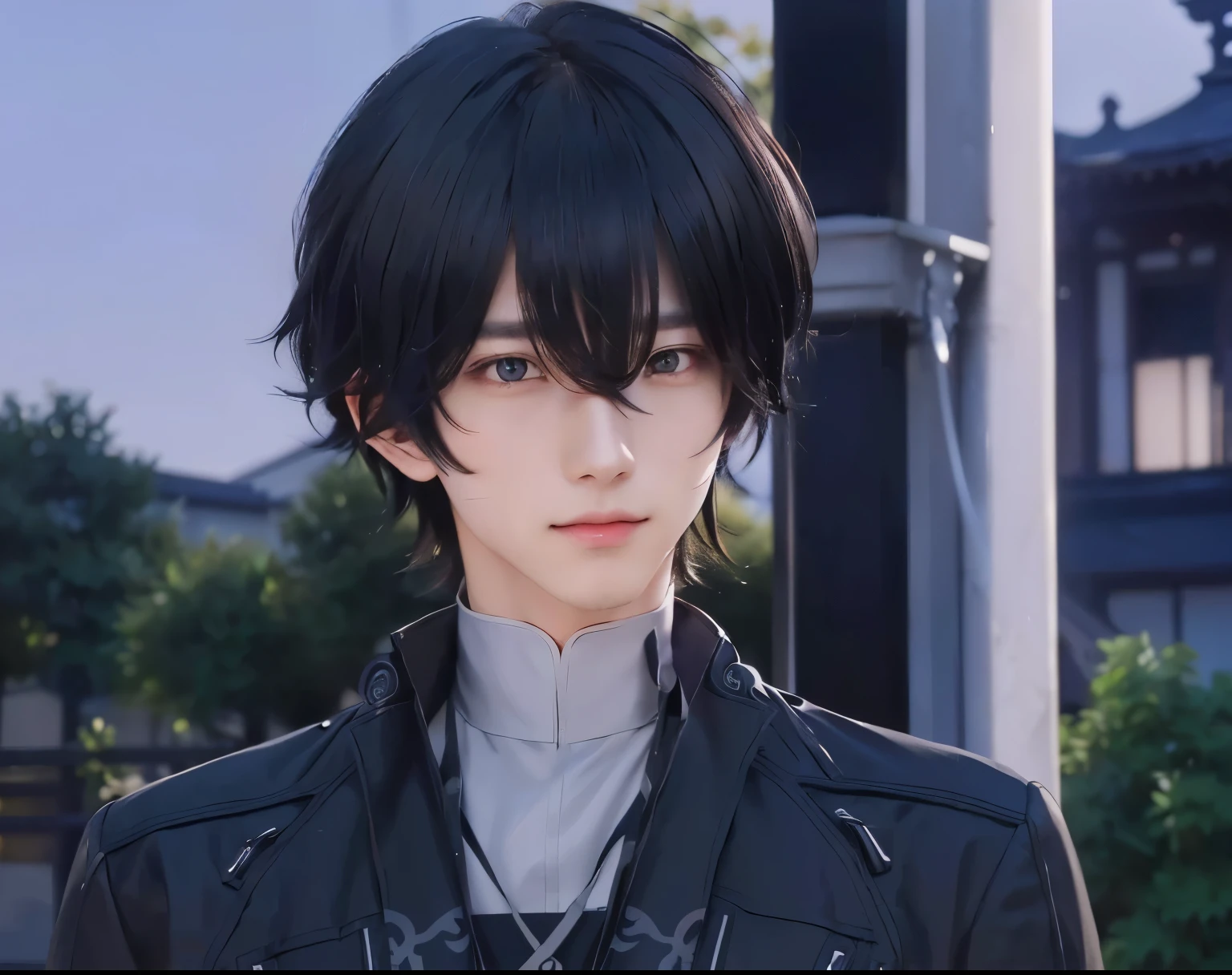 Anime - Stylish image of a man in a black jacket and white shirt., handsome man，black short hair, Inspired by Okumura Masanobu, Tall anime guy with blue eyes, Handsome boy anime, It has sharp eyesight., anime boy, Keqing from Genshin Impact, anime portrait of handsome man, Sly smile