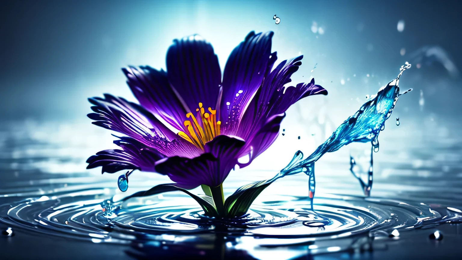 (liquid metal art: 1.5) liquid metal a picture of a exquisite beautiful lily flower made from (liquid metal: 1.5) (masterpiece, best detailed, best quality: 1.4), (blue: 1.5) petals, there is (purple: 1.3) vivid, living butterfly (masterpiece, best detailed, best quality: 1.4) flying near the lily dynamic range, ultra wide shot, photorealism, depth of field, hyper realistic, dynamic range, ultra wide shot, photorealism, depth of field, hyper realistic, 3D render, meltmetal