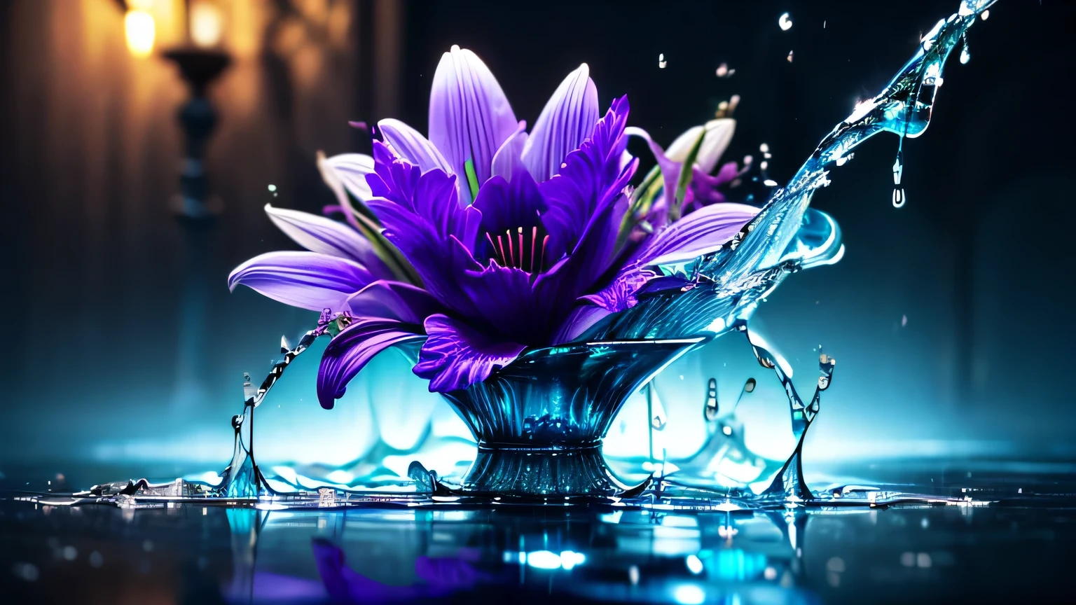 (liquid metal art: 1.5) liquid metal a picture of a exquisite beautiful lily flower made from (liquid metal: 1.5) (masterpiece, best detailed, best quality: 1.4), (blue: 1.5) petals, there is (purple: 1.3) vivid, living butterfly (masterpiece, best detailed, best quality: 1.4) flying near the lily dynamic range, ultra wide shot, photorealism, depth of field, hyper realistic, dynamic range, ultra wide shot, photorealism, depth of field, hyper realistic, 3D render, meltmetal