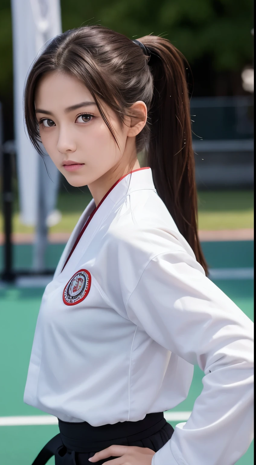 (RAW Photos:1.2), (Realistic), Beautiful detailed girl, Very detailed eyes and face, Beautiful and beautiful eyes, Large file size, High resolution, Very detailed, highest quality, [Tabletop:1.6], shape, Very detailed, The finer details, highest quality, 8K Dende Wallpaper, Cinema Lighting,Fighting arena in the background、20 year old slim and muscular woman, Female Fighter, Karate pose, Outdoor Martial Arts Tournament, hang on, Uniform, 彼女の柔Uniform, ponytail, Serious expression, The body is slim, Young Face, , Stadium