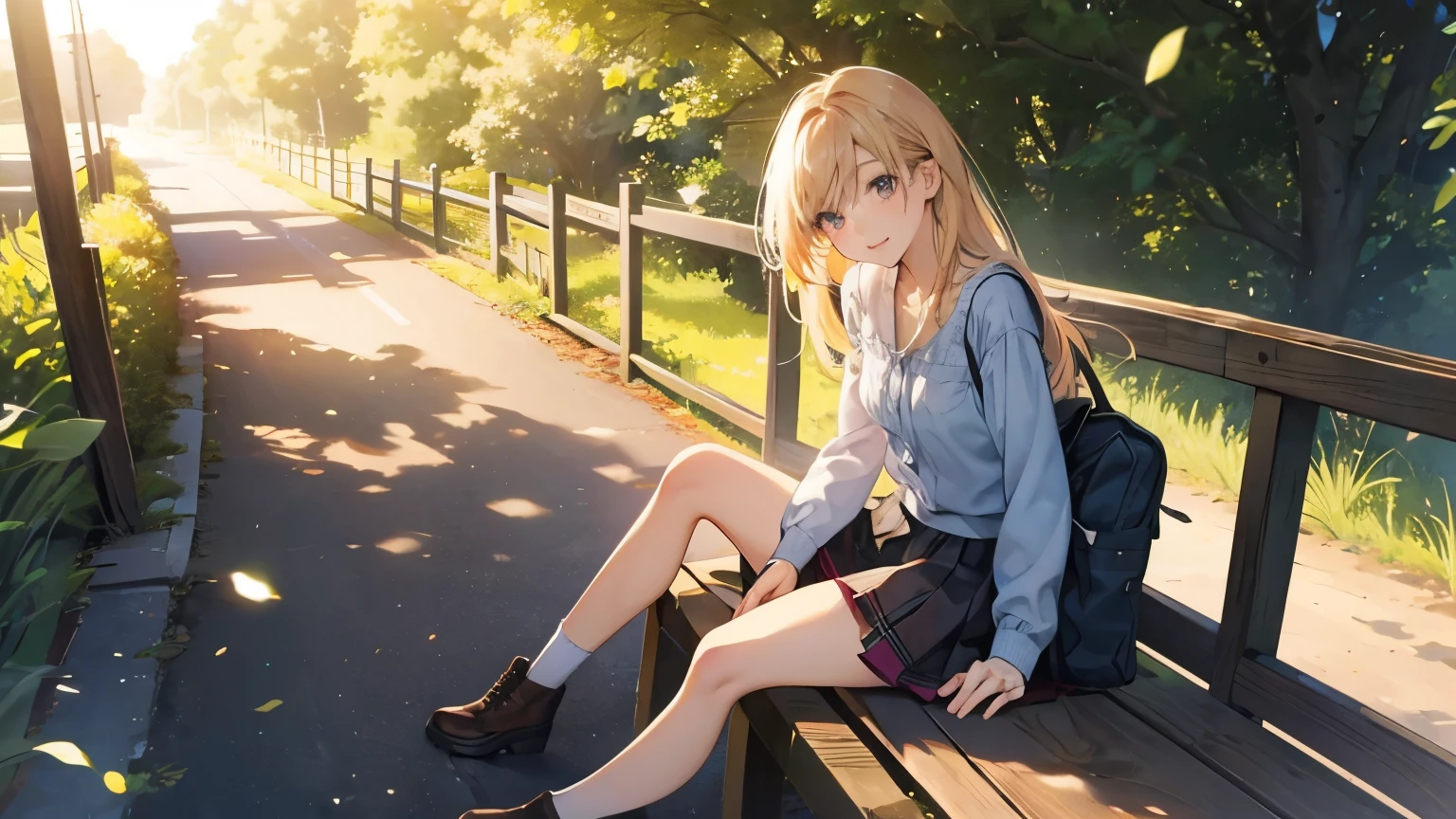 Sunlit country road、A woman in a miniskirt sitting on a fence、Anime illustration