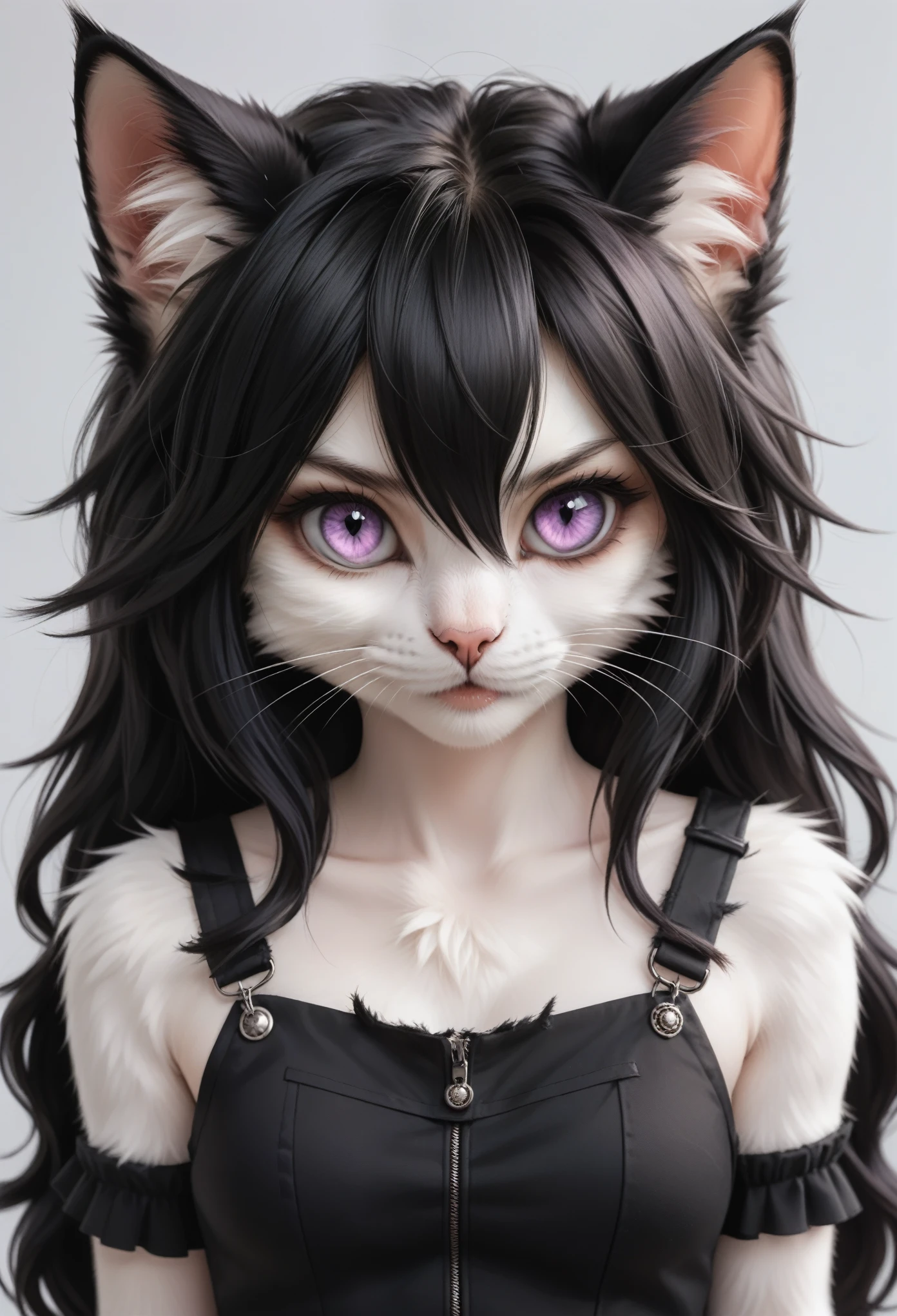 solo, (2d, absurdres, best quality, trending on deviantart, trending on danbooru), vox machina style, anime style, ((no background)), (goth, solo, anthro, cat, maine coon, white body, white fur, white tail, white ears, white ear tips, tufted fur), (half-lidded eyes,  neutral expression, annoyed frown), ((pink sclera)), ((white eyes)), (glowy pupils, slit pupils), (goth clothing, boots), (lavender and black hair, gradient hair,  medium-length hair, straight hair, straighten hair),  (black torn jeans),  fluffy tail,  (pink nose, short snout), 