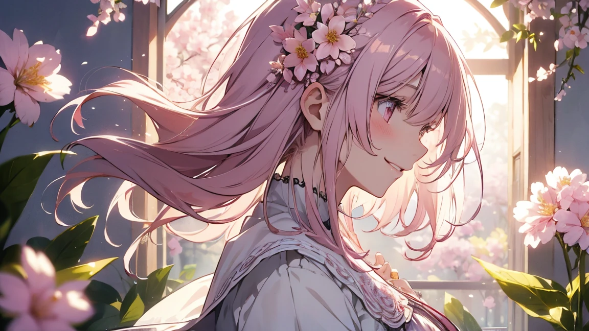 Natural light, Floating Hair, A kind smile, profile, Pale pink hair, Spring flower,