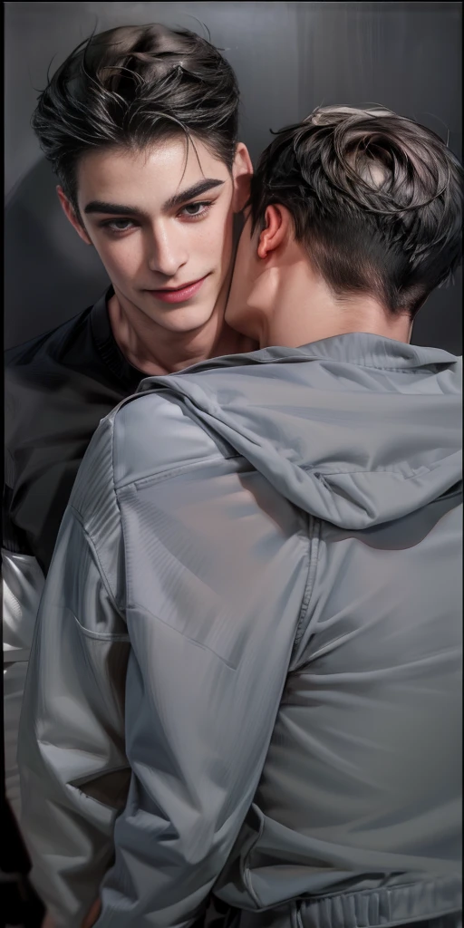 2 male, hugs ,smiling, beautiful man and cute boy ,two men, friend Masterpiece of man, Adult man with firm facial features like an Dutch, black eyes, his nose is sharp, mature, black eyes, neat short black hair, very handsome, white, clean, smooth skin, muscle man, background realistic