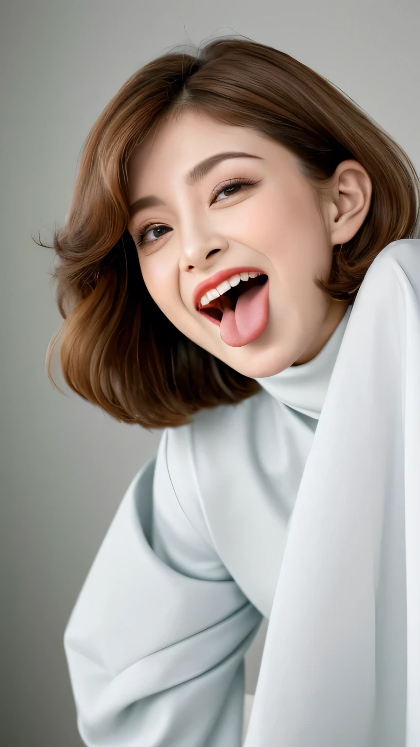 ((highest quality, 8k, masterpiece: 1.3)), 1 female, Japanese Mature,Sensual beauty: 1.3, (Hair style Brown hair Short waves, big: 1.2), Nightwear: 1.1, Super slender face, Delicate eyes, double eyelid, (((Open your mouth,Sticking out a long tongue,)))Mole,Home,Plump body,very thick legs,Shot from directly above,He is fooling around with his mouth wide open and his tongue sticking out...,