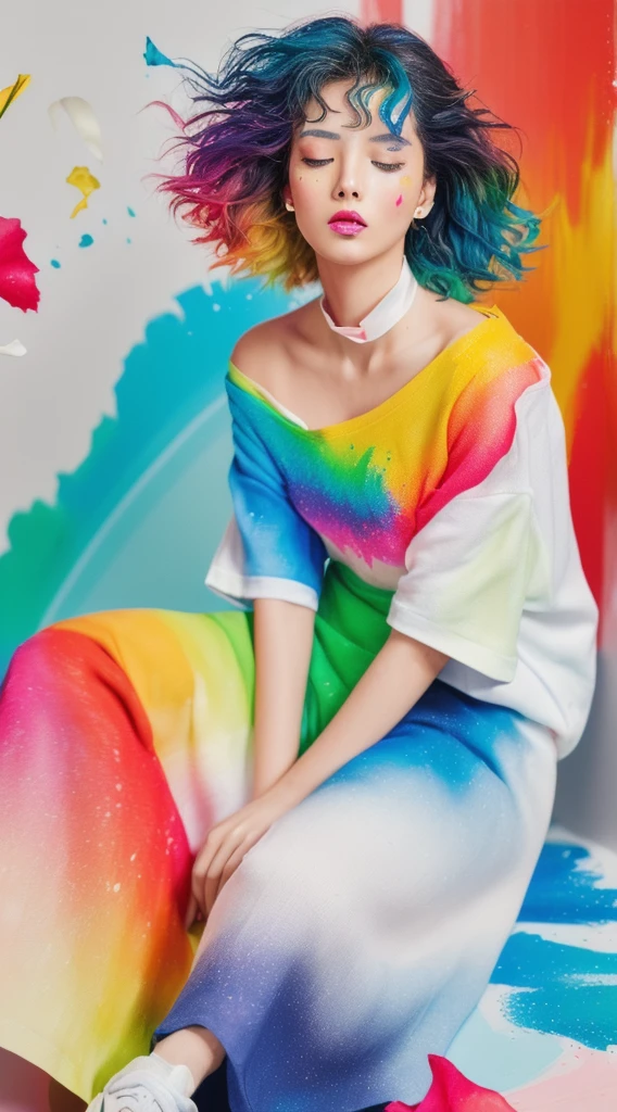 (Pink Fashion T-Shirt:1.9),(colorfulな髪: 1.8), (All the colors of the rainbow: 1.8),(((((vertical painting:1.6))), (painting:1.6),front, comics, figures, paintings, Big eyes, Clear eyes,( Rainbow gradient high ponytail:1.7), Exquisite makeup, Mouth closed,(Small Fresh: 1.5),(Wipe the chest: 1.6) ,Long eyelashes, White off-the-shoulder T-shirt, White shoulder shirt,Looking at the audience, Big teary eyes, (Rainbow Hair:1.6), カラーsplash, (alone:1.8), カラーsplash, An explosion of colors, thick paint style, Messy Lines, ((The Shining)),(colorful), (colorful), (colorful), colorful, Thick paint Style, (splash) (Color splash), Vertical painting, Upper Body, paint splash, Acrylic Pigments, Slope, paint, Best image quality, highest quality, masterpiece, alone, Depth of written boundary, Face paint, colorful clothes, (elegant: 1.2), nice,Long Hair, Wind, (elegant: 1.3), (petal: 1.4),(((masterpiece))),(((highest quality))),((Super detailed)),(figure),(Dynamic Angle),((floating)),(paint),((Disheveled Hair)),(alone),(One girl) , (((Detailed anima face))),((Beautifully detailed face)),collar,Exposing shoulders,Gray Hair, ((colorful hair)),((Striped Hair)),Beautiful fine details,(Slope color eyes),(((colorful eyes))),(((colorful background))),(((High chroma))),(((surrounded by colorful splashes))),