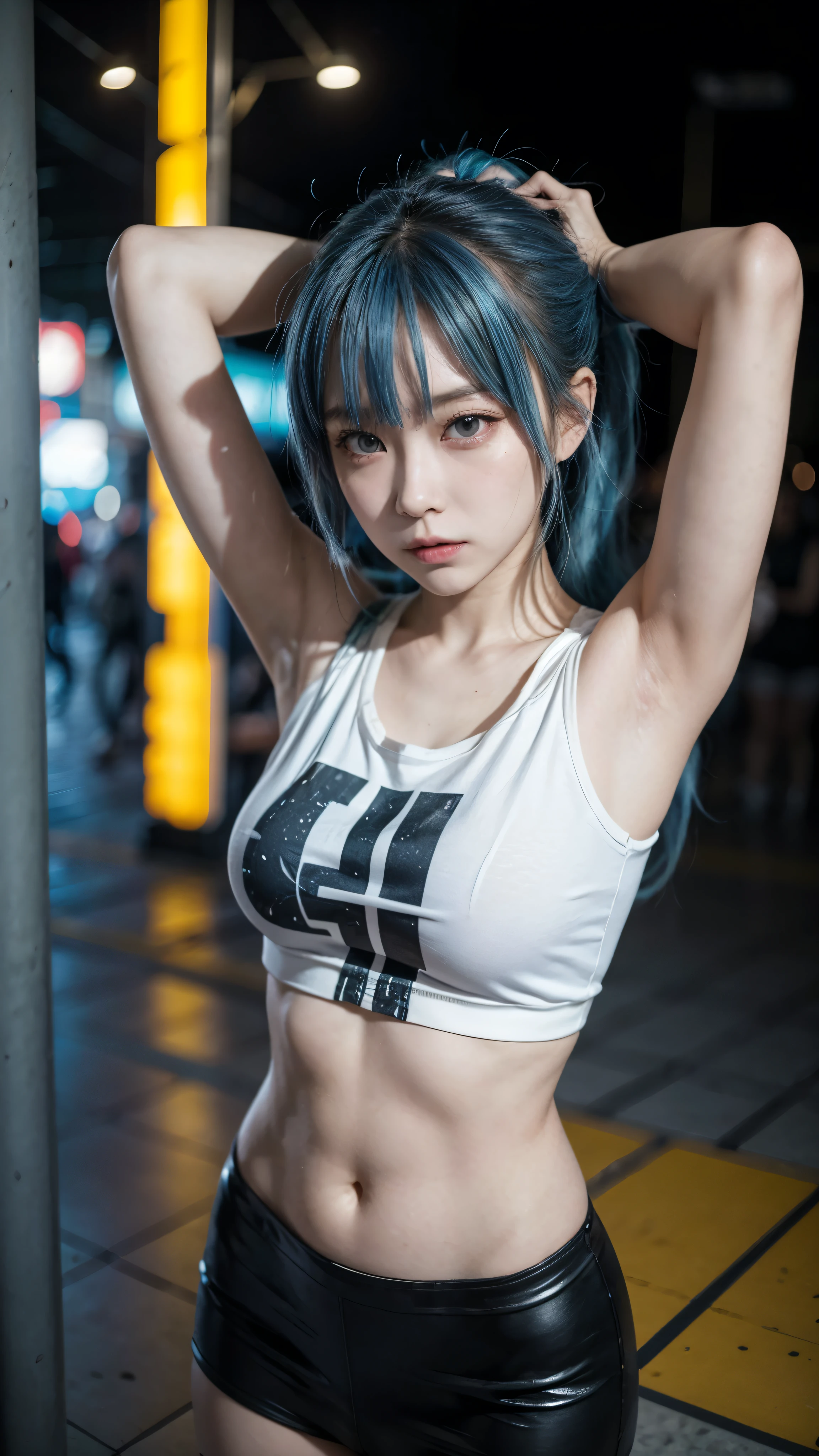 there is a woman with a blue hair and a white top, anime girl cosplay, inspired by Leng Mei, photo of slim girl model, anime girl in real life, seductive anime girl, cyberpunk 2 0 y. o model girl, chinese girl, female cyberpunk anime girl, photo of slim girl, arms behind head, beautiful cyberpunk woman model, anime cosplay, cosplay photo, cosplay