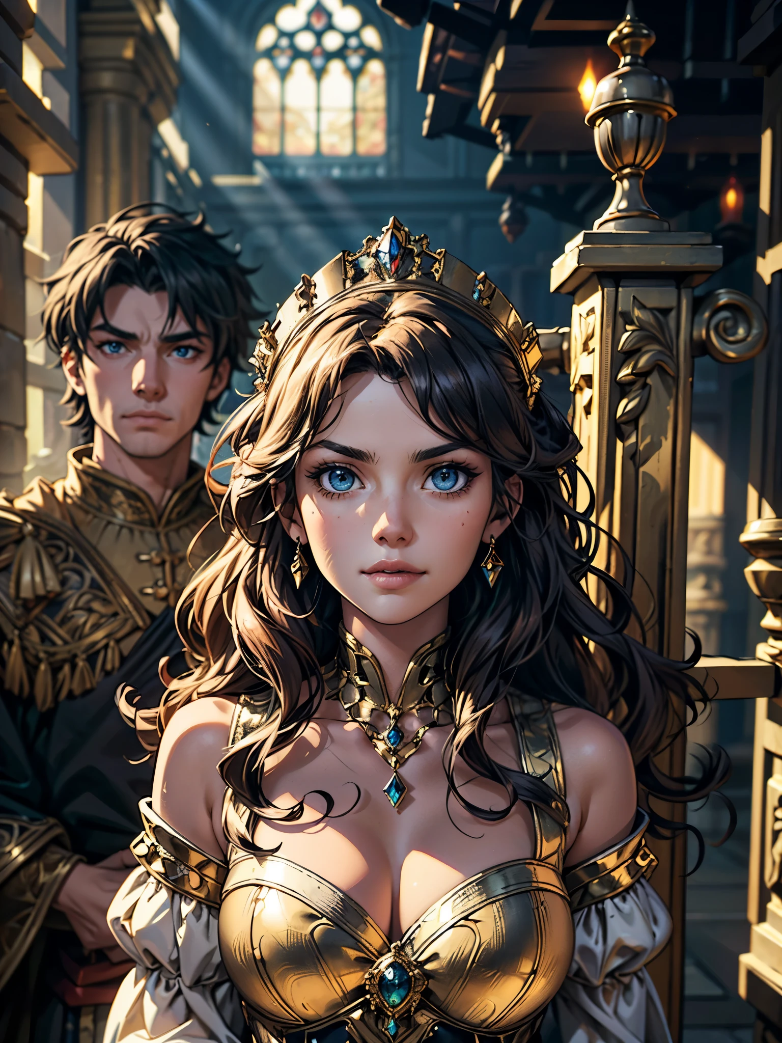 A girl with long golden hair, choppy bangs, Nordic heritage, a  figure, delicate facial features, pale skin, porcelain skin, an innocent yet determined gaze, she wears an exquisite headband, dressed in a two-piece fantasy-style Slavic royal gown, a fur shawl draped over her shoulders, wide sleeves, a luxurious layered skirt, the background features a fantasy-style royal castle, this character embodies a finely crafted fantasy-style Slavic princess in anime style, exquisite and mature manga art style, high definition, best quality, highres, ultra-detailed, ultra-fine painting, extremely delicate, professional, anatomically correct, symmetrical face, extremely detailed eyes and face, high quality eyes, creativity, RAW photo, UHD, 32k, Natural light, cinematic lighting, masterpiece-anatomy-perfect, masterpiece:1.5 smirk, sultry look, , 