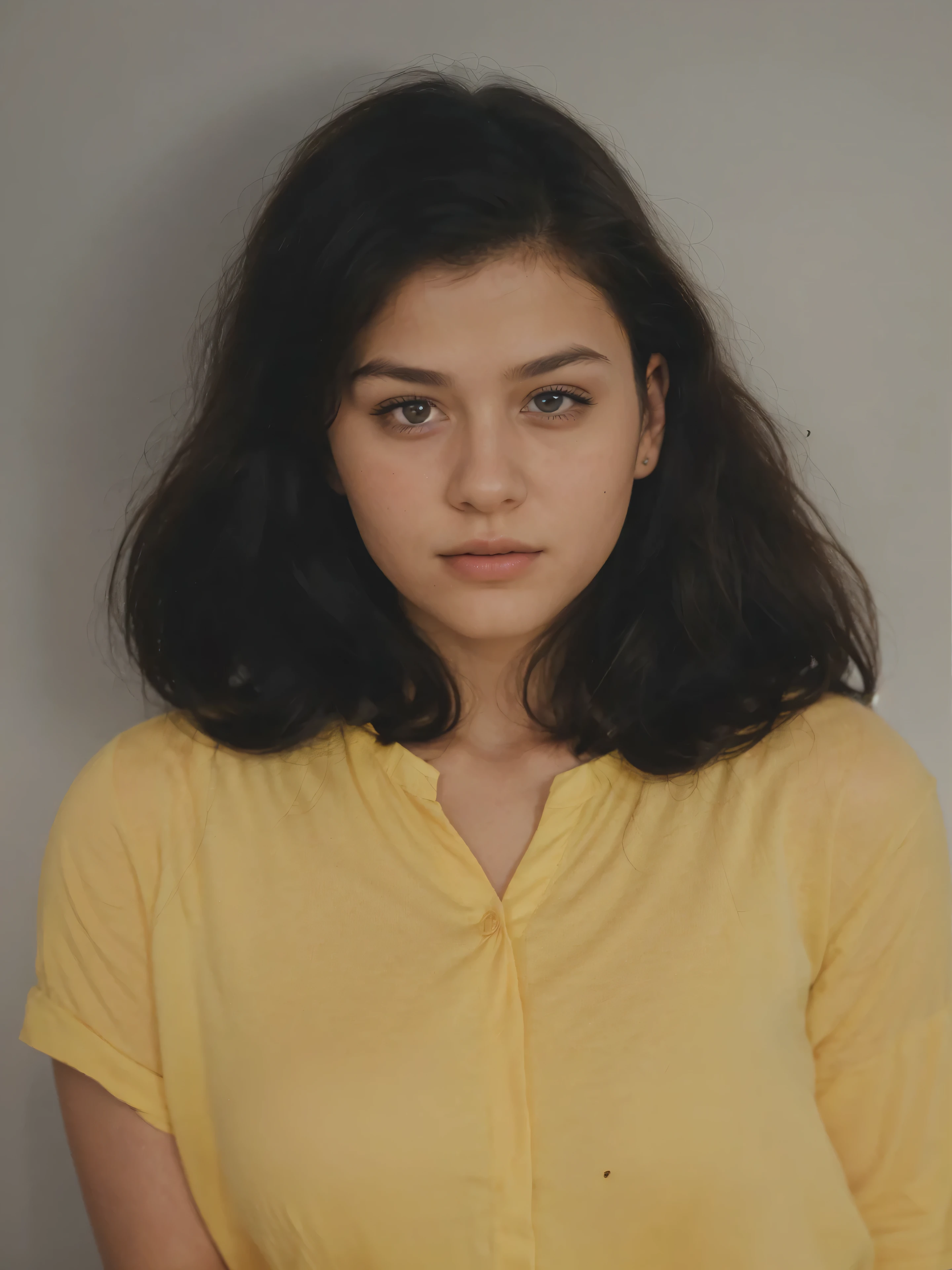 Make this photo look detailed and realistic, arafed a young girl with long black hair and yellow shirt, 16 years old woman, color portrait, old color photograph, colour portrait photograph, color studio portrait, realistic old photo, a colorized photo, coloured photo, 3 5 mm portrait, photo of a woman, old damagaed polaroid photo, photographic portrait, around 1 6 years old, photo of young woman, potrait, very detailed potrait, realistic portrait photo, close up potrait, profile portrait, very detailed face, very realistic face, very perfected face, very detailed clothes, very realistic clothes, very perfected clothes
