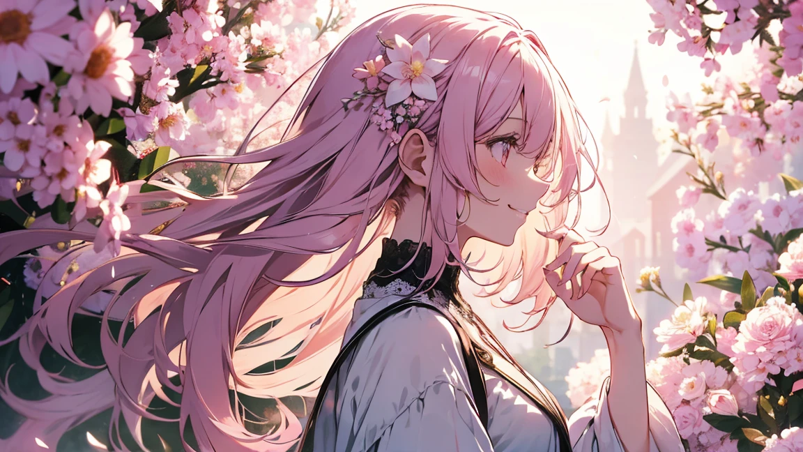 Natural light, Floating Hair, A kind smile, profile, Pale pink hair, Spring flower,