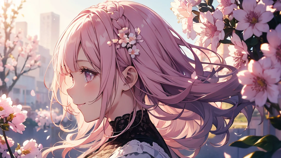 Natural light, Floating Hair, A kind smile, profile, Pale pink hair, Spring flower,