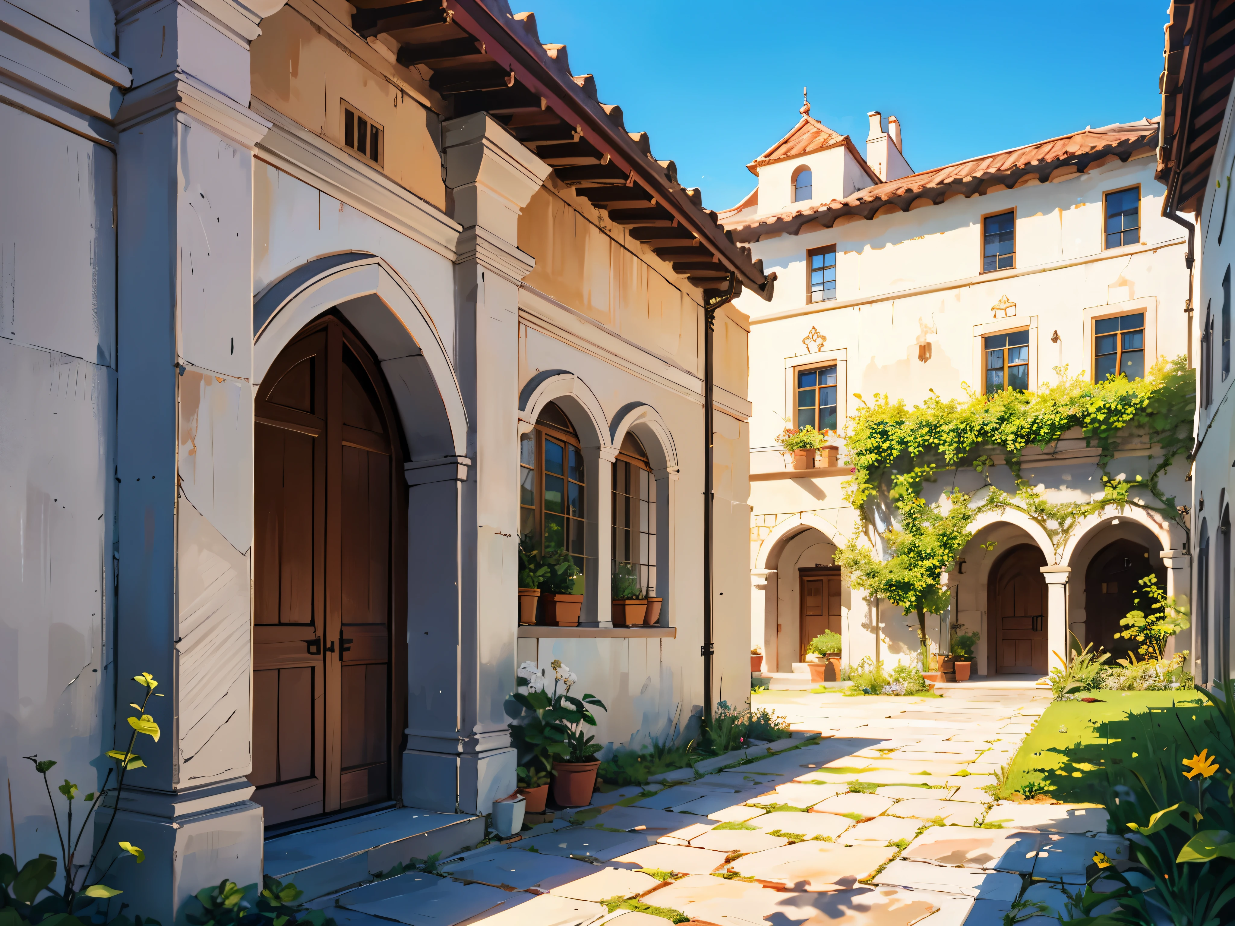 masterpiece, high quality, sunny day, summer, tall white marble walls, courtyard, garden in a castle courtyard, medieval desert style,