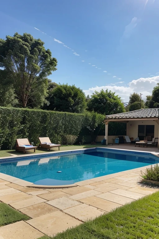 Blue sky over the house with pool and garden