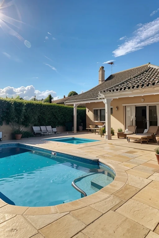 Blue sky over the house with pool and garden