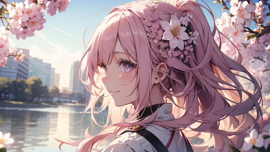 Natural light, Floating Hair, A kind smile, profile, Pale pink hair, Spring flower,