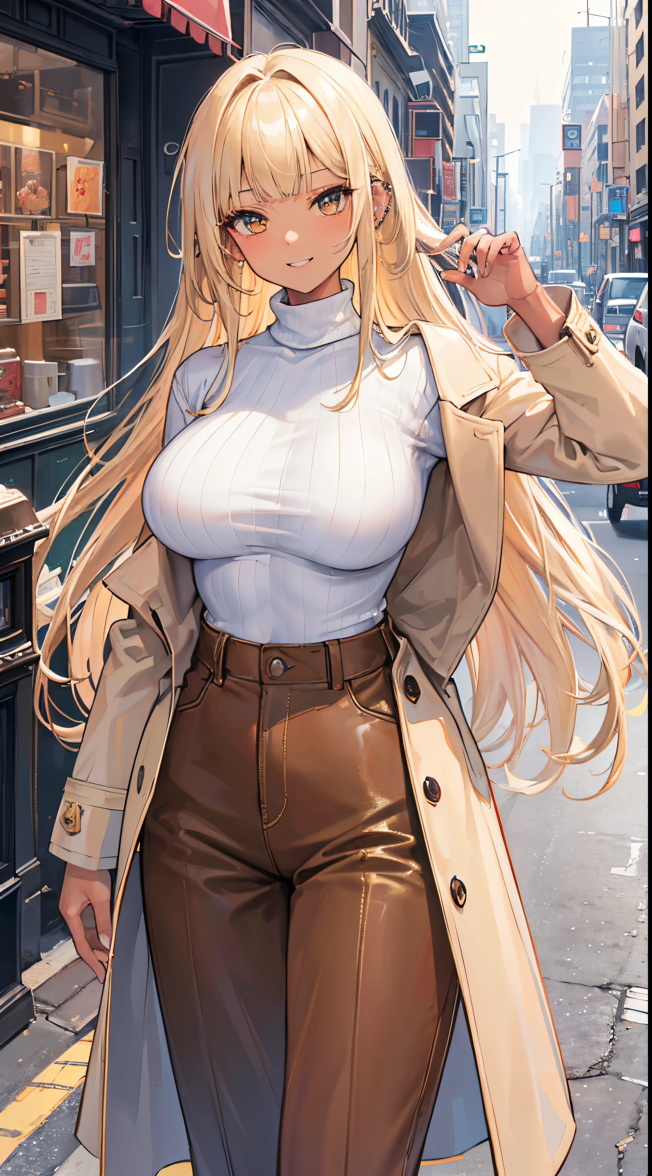(8K、Top image quality、top-quality、masterpiece)、A detailed face、1 girl in、Blonde longhair、blunt bangs、Golden eyes、piercings、((Brown skin))、((skin tanned))、Grinning、very Bigger breasts、White turtleneck sweater、((brown coat))、blue denim、long trousers、cowboy shot、City background
