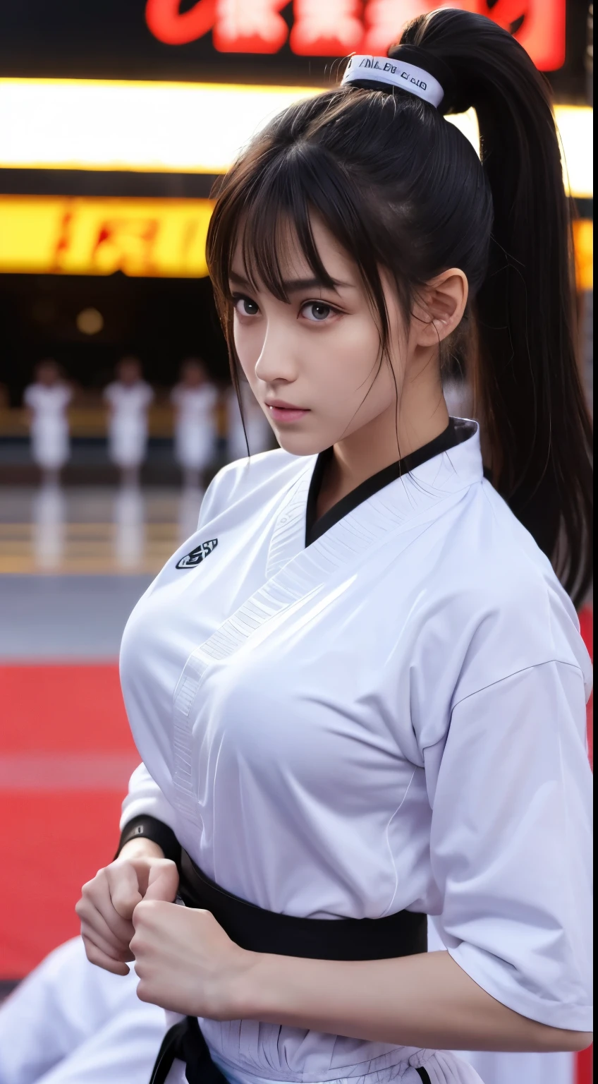 (RAW Photos:1.2), (Realistic), Beautiful detailed girl, Very detailed eyes and face, Beautiful and beautiful eyes, Large file size, High resolution, Very detailed, highest quality, [Tabletop:1.6], shape, Very detailed, The finer details, highest quality, 8K Dende Wallpaper, Cinema Lighting,Fighting arena in the background、20 year old slim and muscular woman, Female Fighter, Karate pose, Outdoor Martial Arts Tournament, hang on, Uniform, 彼女の柔Uniform, ponytail, Serious expression, The body is slim, Young Face, , Stadium