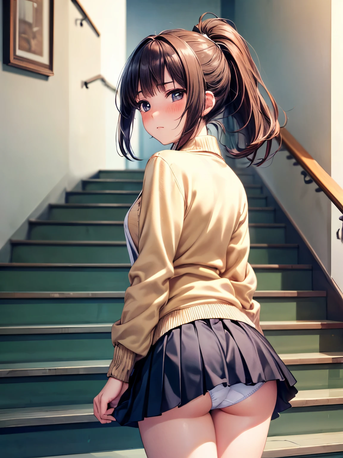 ((Browsing Caution:1.4, masterpiece, highest quality, High resolution, 超High resolution, Perfect Pixel, Depth of written boundary, 4K, RTTX 10.0, High resolution))), (One woman:1.3), Beautiful Anime Woman, Beautiful art style, Anime characters, ((Long Hair, bangs, Dark brown hair, ponytail)), ((Beautiful eyelashes)), ((Detailed face, Blushing:1.2)), ((Smooth texture, Realistic texture, Anime CG Style)), Perfect body, Slender body, (Adult woman walking up the stairs), (Beige cardigan, White shirt, Checkered pleated skirt:1.2), Angle from the rear, (School stairs, Many students in the background), (Hold down the skirt:1), ((White satin panties:0.98)), Beautiful thighs, Looking back with a shy expression