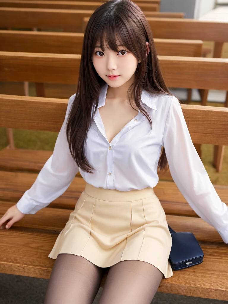 realistic pictureasterpiece, Highest image quality, cute japanese girl, beautiful japanese girl ,1 girl, 19 years old, highly, refinement, highly detailed face, beautiful girl, long hair, With bangs, cute girl, fascinating beauty, Beautiful appearance, pretty beauty, (flat chest:1.3), skinny, white blouse, beige flare skirt, church, black pantyhose, white panties under pantyhose, full body, spread legs, sit on a bench,skirt lift