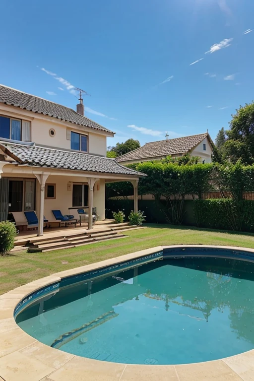 Blue sky over the house with pool and garden