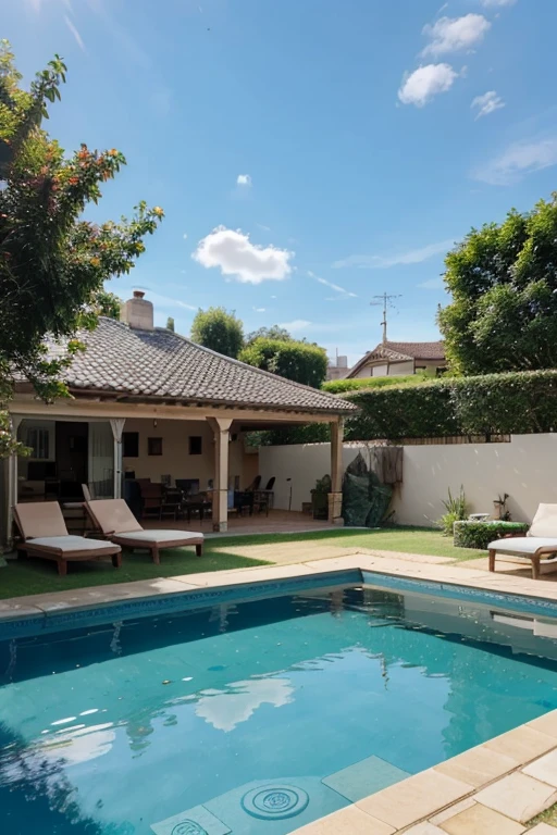 Blue sky over the house with pool and garden