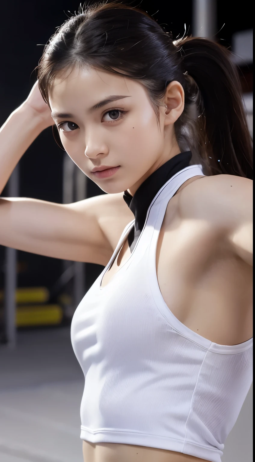 (RAW Photos:1.2), (Realistic), Beautiful detailed girl, Very detailed eyes and face, Beautiful and beautiful eyes, Large file size, High resolution, Very detailed, highest quality, [Tabletop:1.6], shape, Very detailed, The finer details, highest quality, 8K Dende Wallpaper, Cinema Lighting,Fighting arena in the background、20 year old slim and muscular woman, Female Fighter, Karate pose, Outdoor Martial Arts Tournament, hang on, Uniform, 彼女の柔Uniform, ponytail, Serious expression, The body is slim, Young Face, , Stadium