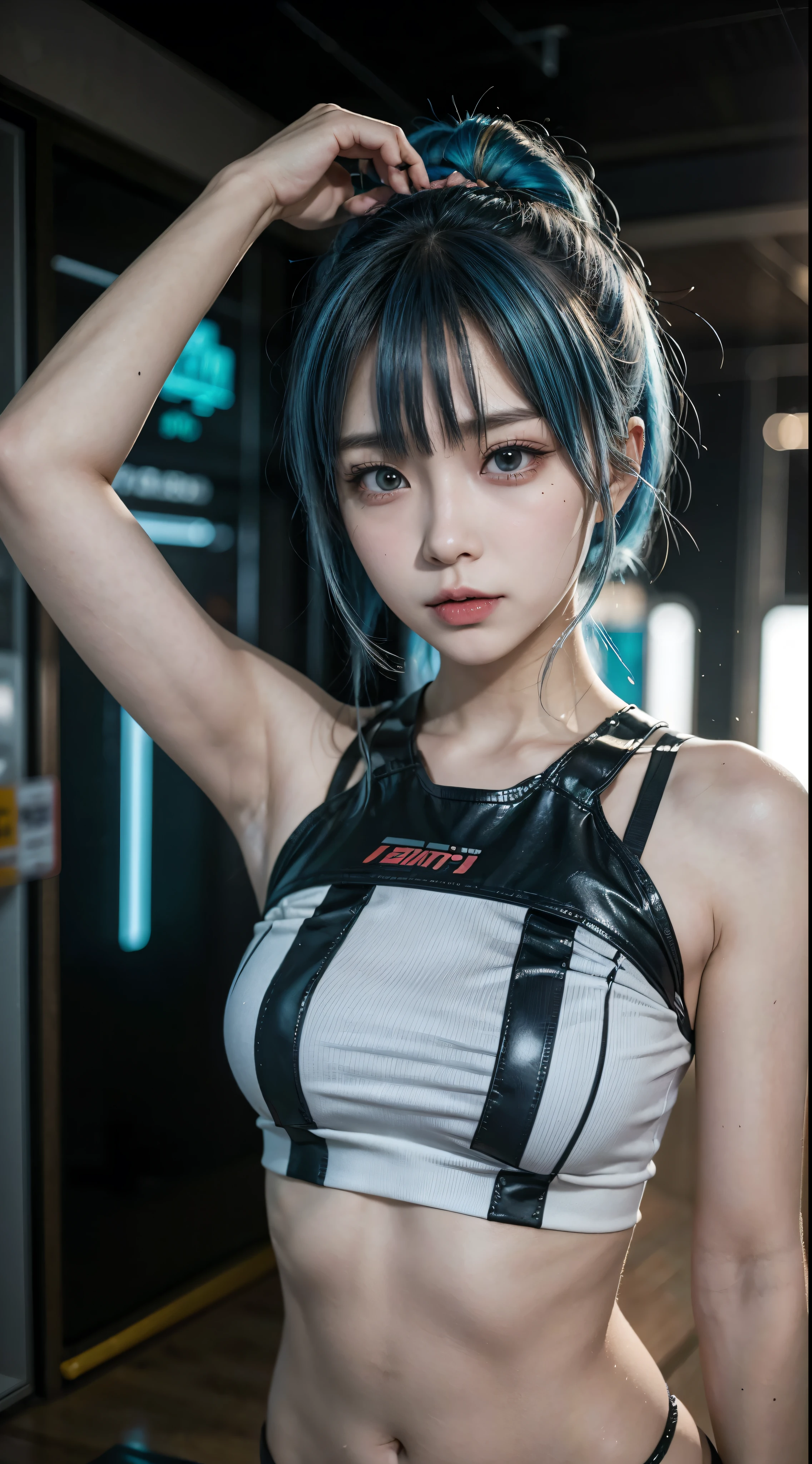 there is a woman with a blue hair and a grey top, anime girl cosplay, inspired by Leng Mei, photo of slim girl model, anime girl in real life, seductive anime girl, cyberpunk 2 0 y. o model girl, chinese girl, female cyberpunk anime girl, photo of slim girl, show armpmits, beautiful cyberpunk woman model, anime cosplay, cosplay photo, cosplay