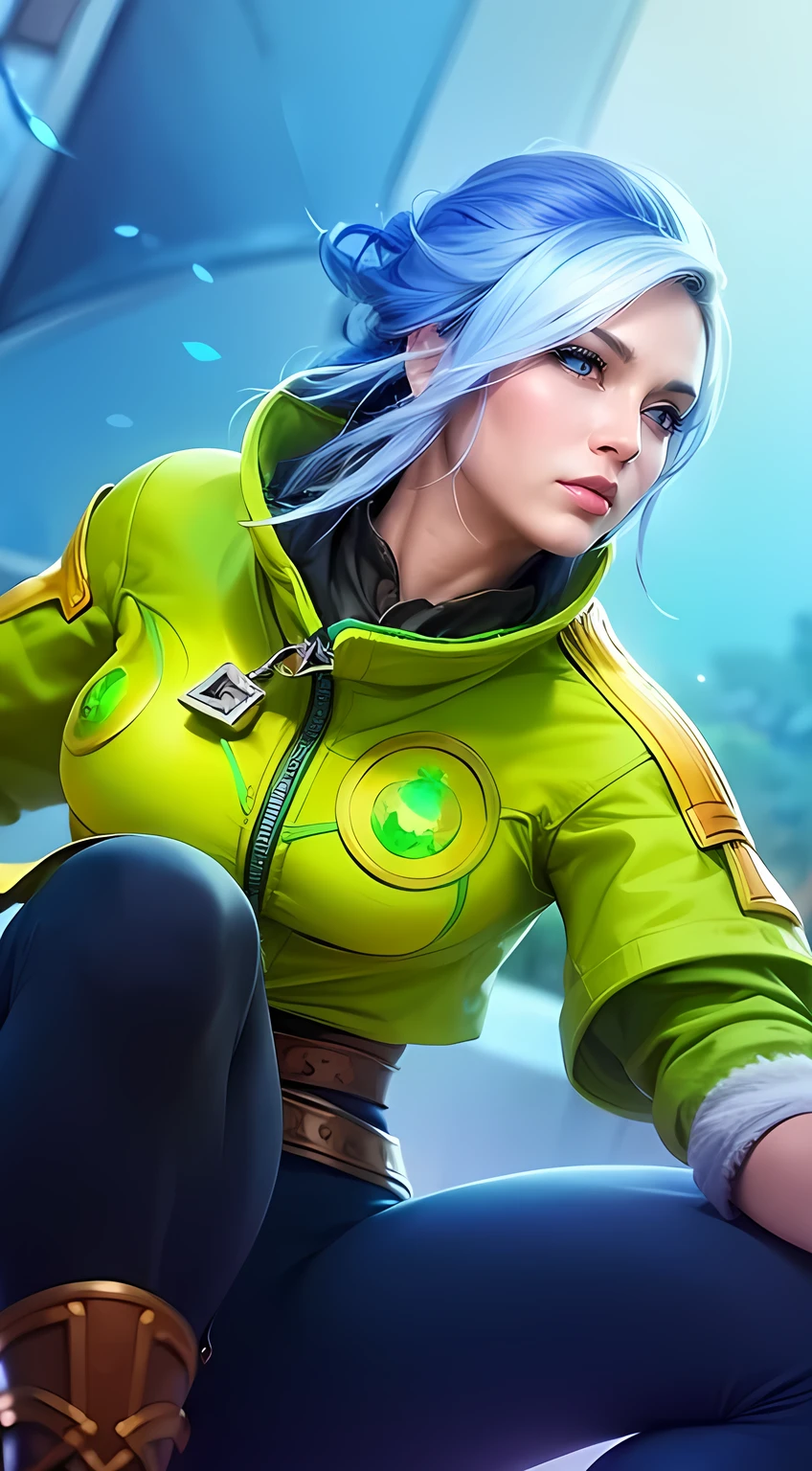 a woman in a blue outfit holding a sword and a sword, ashe, queen of ice and storm, ice sorceress, freezing blue skin, irelia, jaina proudmoore, extremely detailed artgerm, ig model | artgerm, seraphine ahri kda, mobile legends, crystalline skin, ice mage, splash art, 8k, ultra hd, ultra detailed texture, hyper realistic, masterpiece, detailed texture, detailed face, detailed skin, detailed lighting, (photorealistic:1.5), best quality, beautiful lighting, cinematic lighting, professional lighting, ultra highres, realistic, detailed hair, real hair, high quality, (realskin:1.5), extremely detailed, finely detail, ultra-detailed, glare, blue eyes