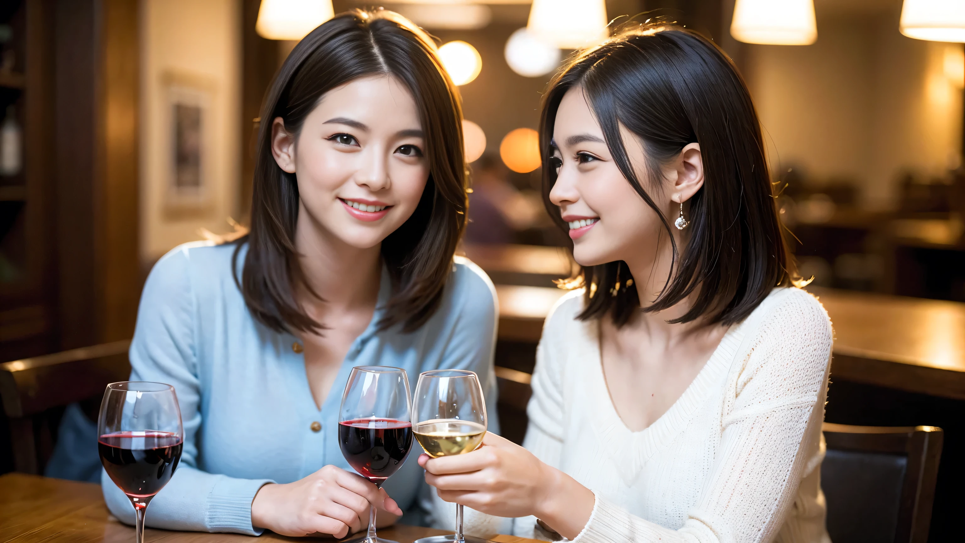 ((highest quality、8k、masterpiece:1.3))、Wine Party 、1 male and 1 female、couple、Lovers Couple、Slim body、((Bob Hale、Straight hair:1.2)), (Realistic, Intricate details:1.2), Wine glass on the table、Put the light on your face、 Amazing view of the sunset sky and clouds、Amazing mountain views、A bright smile、The wonderfulness of smile、Bright image、The beauty of wine, Beautiful Face, blue eyes, The light shines on your face, Blushing, short hair,Bright Face、 (Age 37), 39 years old, red wine 、Appetizers、Italian food、wine bottle、Champagne、sparkling wine、Two beauties、Brown Hair、Shortcuts、Long sleeve shirt、dress、Pretty Woman 1, (Slim face), (The body is slim), (Brown Hair), (Shortcuts), cheeks turn a little red,Attractive beauty、restaurant, In a prominent place (From the waist up) Nova Frog Style, actress, model, Upper Body, White wine, slim, wine glass, Wine glass placed in the center, smile, (smile: 1.15), Beautiful fine grain, Depth f/2,saturation, High Contrast, Strong light and shadow,Moist Body:1.5、3D texture、Delicate eyes、Brown Hair、The hair is very shiny、