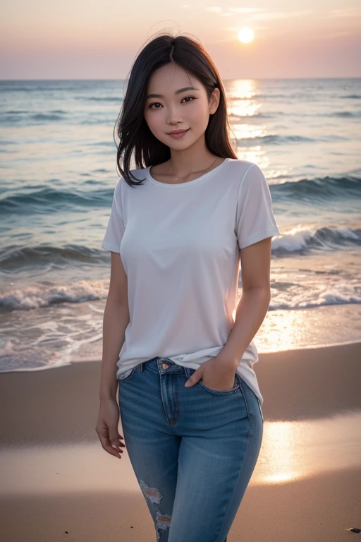Displays high resolution full HD images. an asian woman standing on the beach during the golden hour, which could be sunrise or sunset. This creates soft lighting and pastel colors in the sky. The person was wearing casual clothing: a t-shirt top that said "Fake Studios", a sweater and blue jeans. The woman's face looks at the camera with a smile. The sea looks calm with gentle waves lapping the shore, and there is a pier visible in the distance under a pastel sky. This scene may be interesting or relevant because of its calm atmosphere or as an example of casual beachwear.