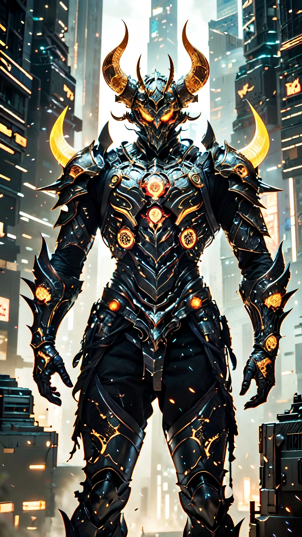 A man wearing a full-face helmet, a fantasy-style biotech armored combat suit, green eyes, (a composite layered chest armor), fully enclosed shoulder guards, matching arm and leg guards, the belt is adorned with 666 mark, (the color scheme is primarily red with yellow and white accents), the design balances heavy with agility, a high-tech bio-mecha armor, (Armor Concept Inspired by Demon, stand on the top of a skyscraper in a futuristic sci-fi city), this character embodies a finely crafted fantasy-surreal style armored hero in anime style, exquisite and mature manga art style, (battle damage, element, plasma, energy, the armor glows), ((male:1.5)), metallic, real texture material, dramatic, high definition, best quality, highres, ultra-detailed, ultra-fine painting, extremely delicate, professional, perfect body proportions, golden ratio, anatomically correct, symmetrical face, extremely detailed eyes and face, high quality eyes, creativity, RAW photo, UHD, 32k, Natural light, cinematic lighting, masterpiece-anatomy-perfect, masterpiece:1.5