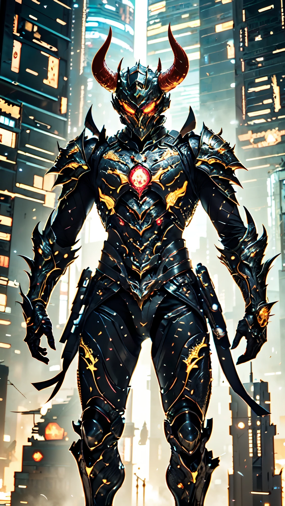 A man wearing a full-face helmet, a fantasy-style biotech armored combat suit, green eyes, (a composite layered chest armor), fully enclosed shoulder guards, matching arm and leg guards, the belt is adorned with 666 mark, (the color scheme is primarily red with yellow and white accents), the design balances heavy with agility, a high-tech bio-mecha armor, (Armor Concept Inspired by Demon, stand on the top of a skyscraper in a futuristic sci-fi city), this character embodies a finely crafted fantasy-surreal style armored hero in anime style, exquisite and mature manga art style, (battle damage, element, plasma, energy, the armor glows), ((male:1.5)), metallic, real texture material, dramatic, high definition, best quality, highres, ultra-detailed, ultra-fine painting, extremely delicate, professional, perfect body proportions, golden ratio, anatomically correct, symmetrical face, extremely detailed eyes and face, high quality eyes, creativity, RAW photo, UHD, 32k, Natural light, cinematic lighting, masterpiece-anatomy-perfect, masterpiece:1.5