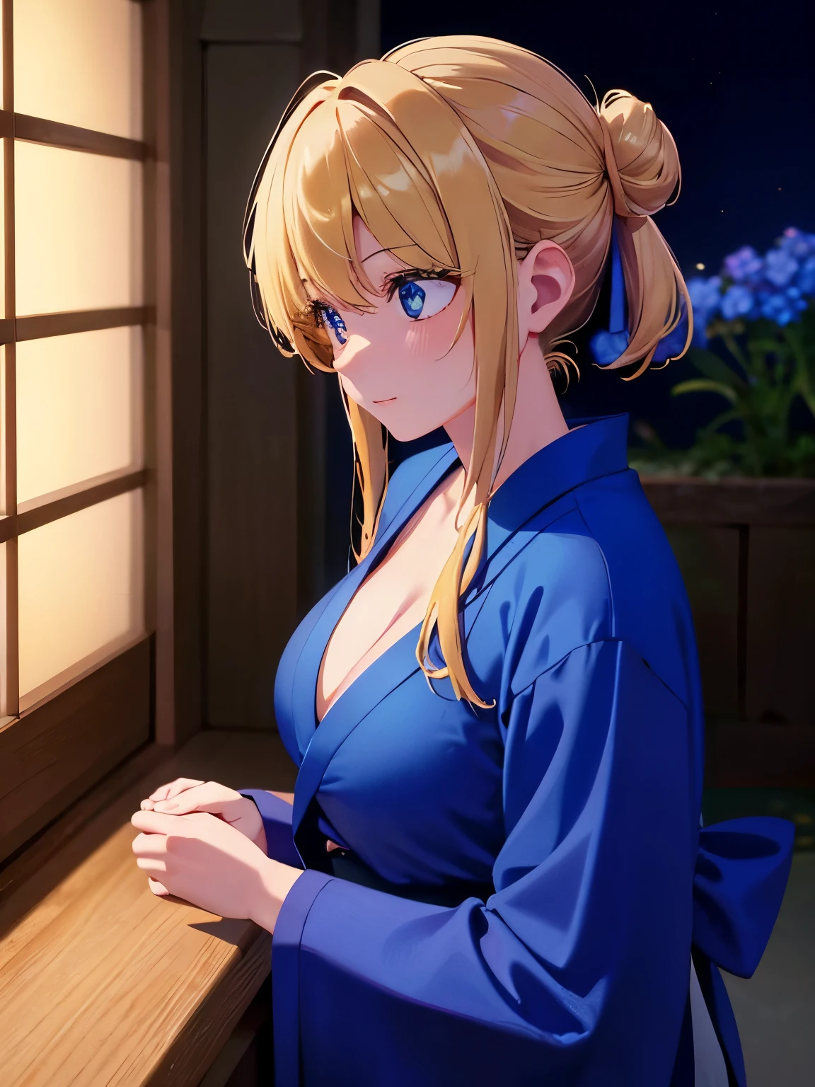 1woman,Standing, in Japanese house, night, stunning,close up photo, very detailed face,cute,,HD face, perfect face, blue kimono,short kimono, cleavage visible,Very big breasts,big breast,Blue flowers on the head,Blonde hair,blonde hair,bangs,hair in bun,one bun,Hair in a bun,ultra detail,ultra Hd, masterpiece,4k
