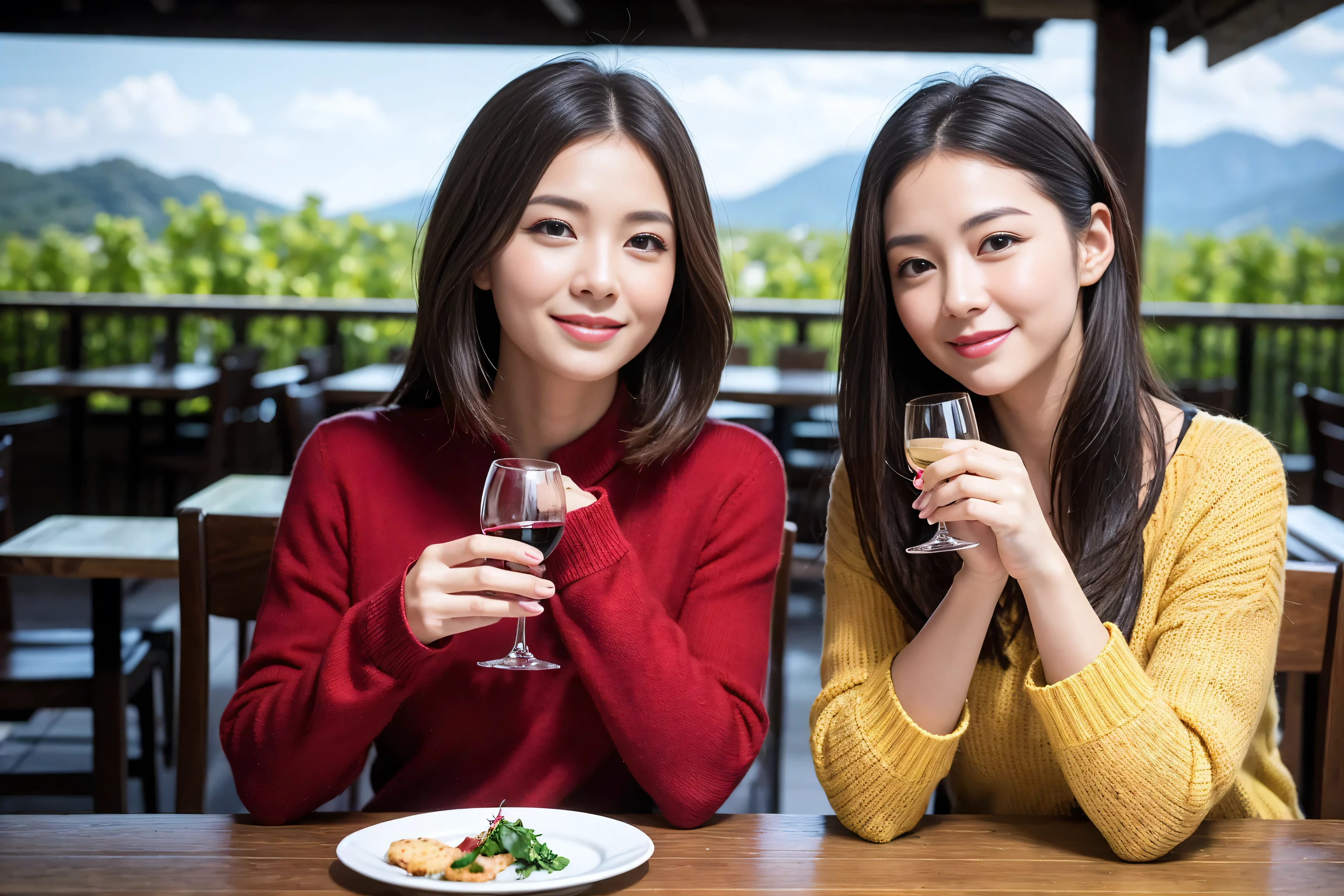 ((highest quality、8k、masterpiece:1.3))、Wine Party 、1 male and 1 female、couple、Lovers Couple、Slim body、((Bob Hale、Straight hair:1.2)), (Realistic, Intricate details:1.2), Wine glass on the table、Put the light on your face、 Amazing view of the sunset sky and clouds、Amazing mountain views、A bright smile、The wonderfulness of smile、Bright image、The beauty of wine, Beautiful Face, blue eyes, The light shines on your face, Blushing, short hair,Bright Face、 (Age 37), 39 years old, red wine 、Appetizers、Italian food、wine bottle、Champagne、sparkling wine、Two beauties、Brown Hair、Shortcuts、Long sleeve shirt、dress、Pretty Woman 1, (Slim face), (The body is slim), (Brown Hair), (Shortcuts), cheeks turn a little red,Attractive beauty、restaurant, In a prominent place (From the waist up) Nova Frog Style, actress, model, Upper Body, White wine, slim, wine glass, Wine glass placed in the center, smile, (smile: 1.15), Beautiful fine grain, Depth f/2,saturation, High Contrast, Strong light and shadow,Moist Body:1.5、3D texture、Delicate eyes、Brown Hair、The hair is very shiny、