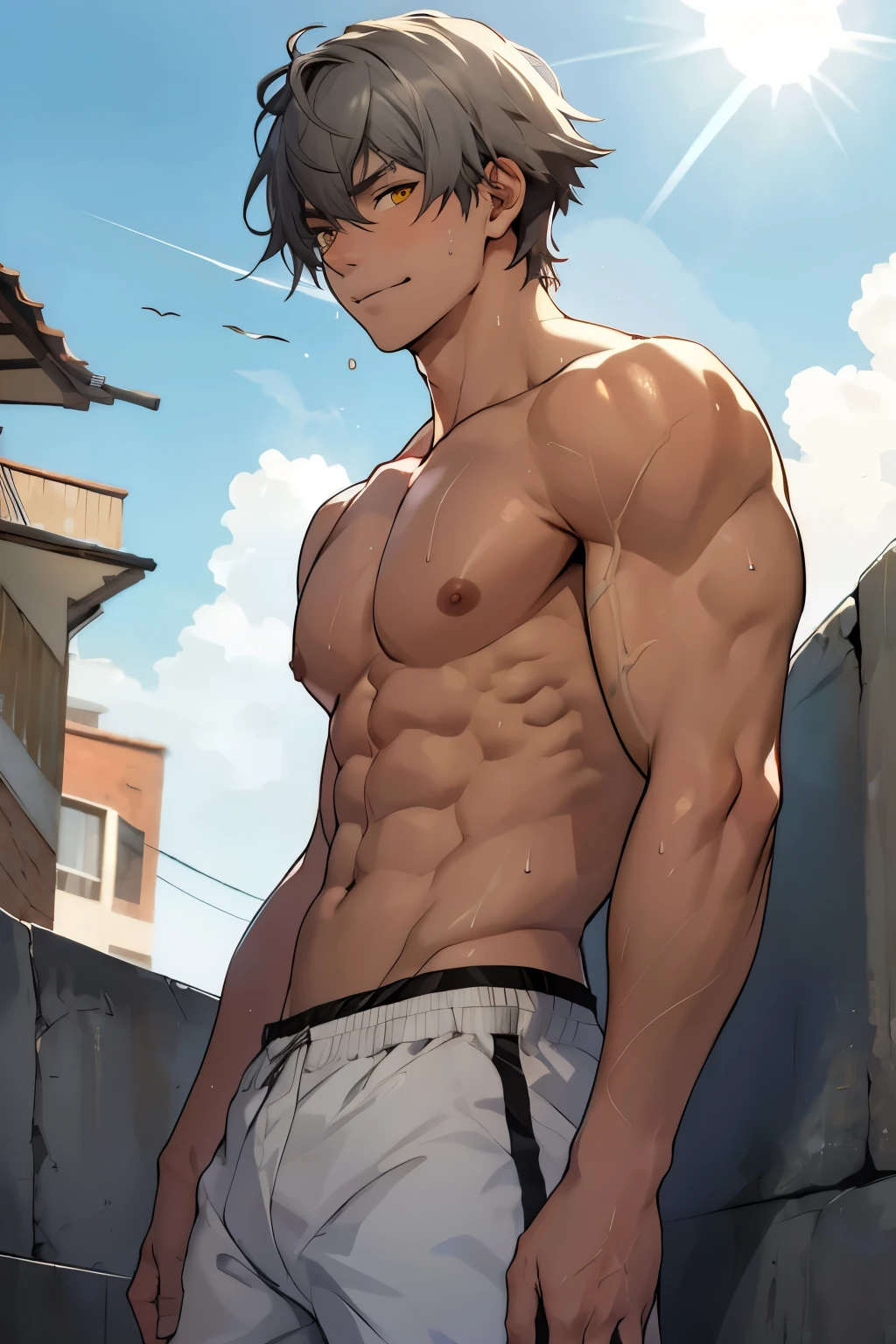 caelus, gray hair, yellow eyes, smile, shirtless, slim, fit, abs, closed mouth, outdoors, sky, day, black briefs, sweating, cloud, , sunny,