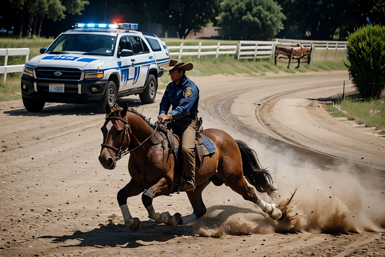 A cowboy is speeding away on a horse, followed by a police car