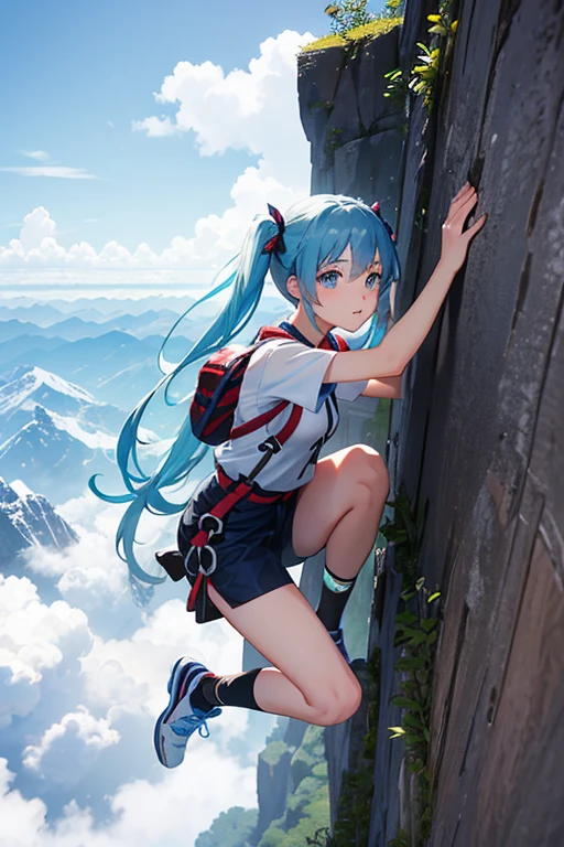 A beautiful -yeld gidesperately climbing a steep mountain wall., Light blue long hair、Twin tails、Climber&#39;s outfit、Camera from the sky. Anime Style, Very detailed.