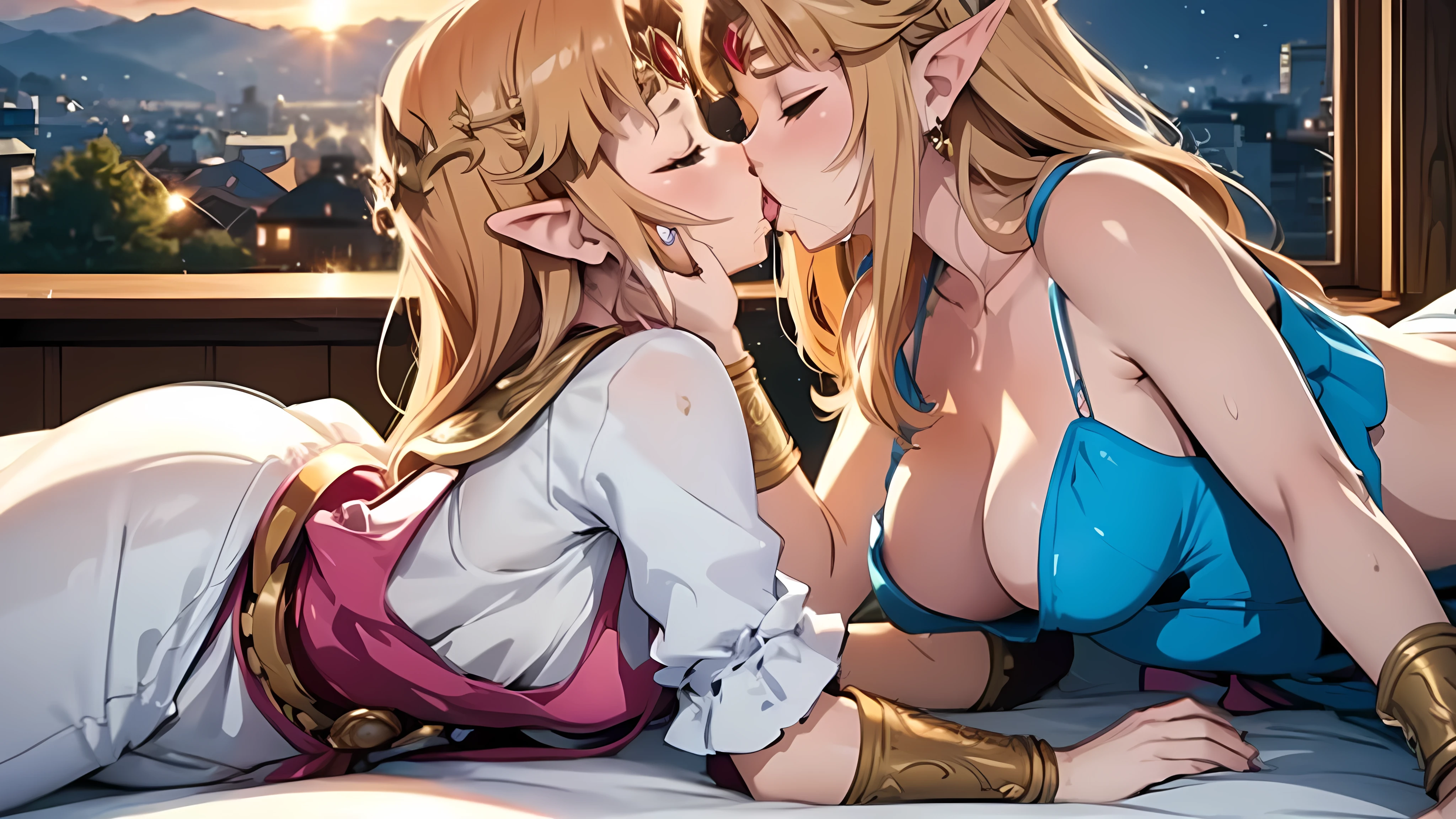 Masterpiece, stunning realistic, movie sex scene, best quality, Sharpness, 2 girls, princess zelda, lying on top of each other, kissing in bed, large breasts,, tongue kiss, closed eyes,full body (2girls, Zelda), short tight dress, sleeveless, cityscape, heavy rain,storm, dusk,dawn, twilight,sunset, full body, soaking wet, sensual body, closed eyes, (silhouette:1.2), wet ground, full scale portrait, total body, both faces kissing in frame