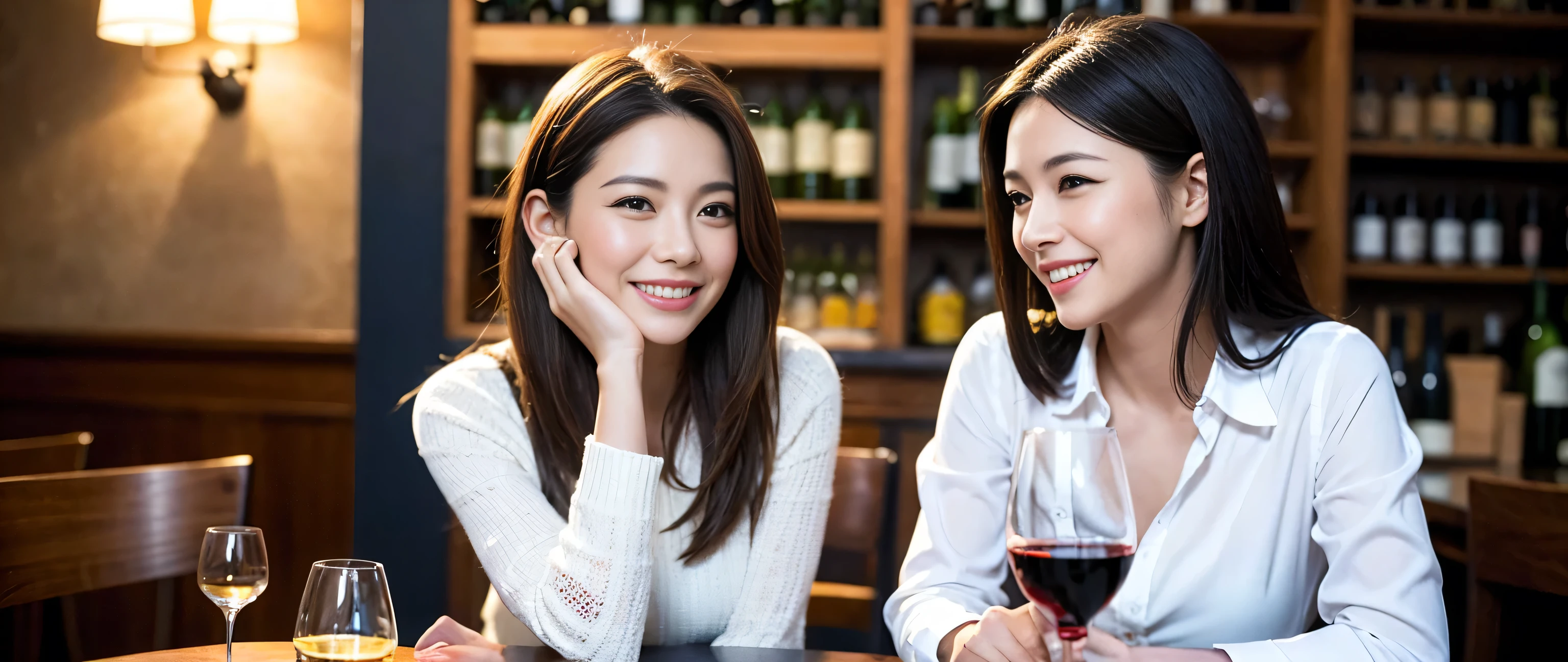 ((highest quality、8k、masterpiece:1.3))、Wine Party 、1 male and 1 female、couple、Lovers Couple、Slim body、((Bob Hale、Straight hair:1.2)), (Realistic, Intricate details:1.2), Wine glass on the table、Put the light on your face、 Amazing view of the sunset sky and clouds、Amazing mountain views、A bright smile、The wonderfulness of smile、Bright image、The beauty of wine, Beautiful Face, blue eyes, The light shines on your face, Blushing, short hair,Bright Face、 (Age 37), 39 years old, red wine 、Appetizers、Italian food、wine bottle、Champagne、sparkling wine、Two beauties、Brown Hair、Shortcuts、Long sleeve shirt、dress、Pretty Woman 1, (Slim face), (The body is slim), (Brown Hair), (Shortcuts), cheeks turn a little red,Attractive beauty、restaurant, In a prominent place (From the waist up) Nova Frog Style, actress, model, Upper Body, White wine, slim, wine glass, Wine glass placed in the center, smile, (smile: 1.15), Beautiful fine grain, Depth f/2,saturation, High Contrast, Strong light and shadow,Moist Body:1.5、3D texture、Delicate eyes、Brown Hair、The hair is very shiny、