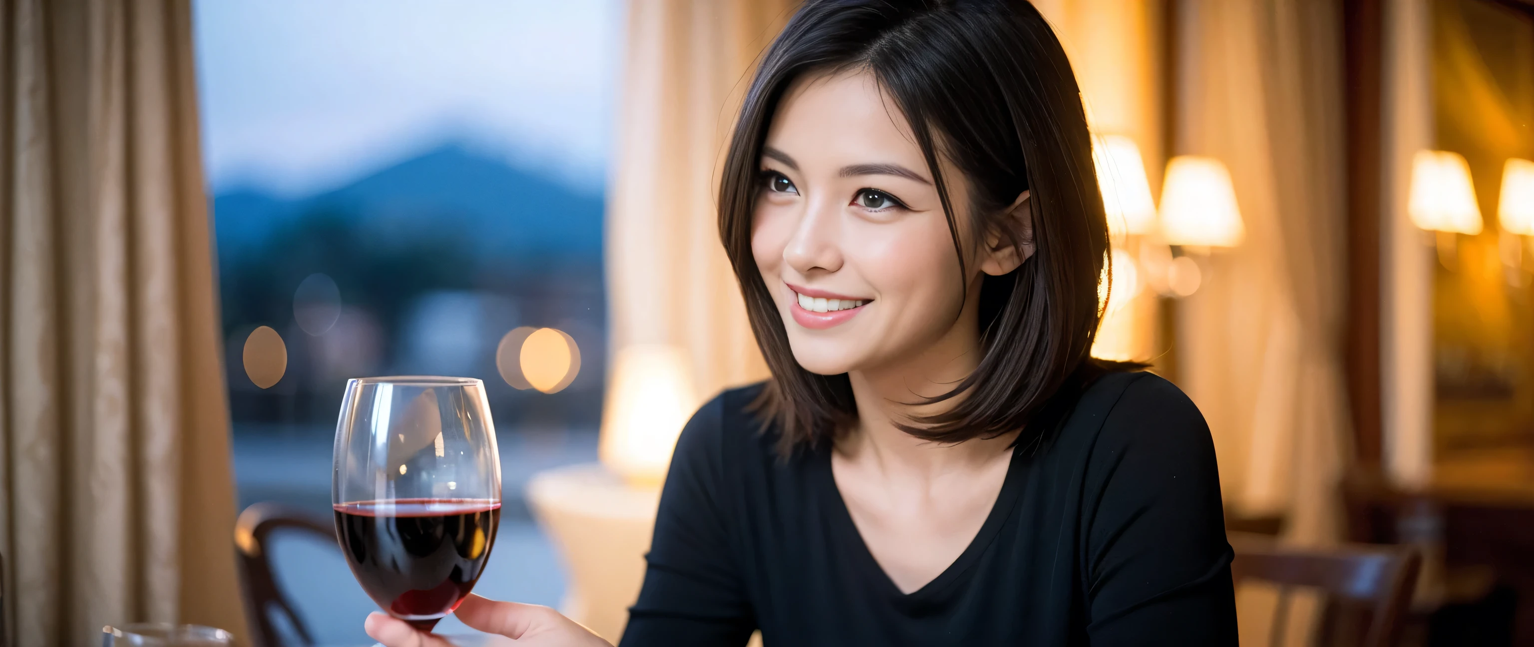 ((highest quality、8k、masterpiece:1.3))、Wine Party 、1 male and 1 female、couple、Lovers Couple、Slim body、((Bob Hale、Straight hair:1.2)), (Realistic, Intricate details:1.2), Wine glass on the table、Put the light on your face、 Amazing view of the sunset sky and clouds、Amazing mountain views、A bright smile、The wonderfulness of smile、Bright image、The beauty of wine, Beautiful Face, blue eyes, The light shines on your face, Blushing, short hair,Bright Face、 (Age 37), 39 years old, red wine 、Appetizers、Italian food、wine bottle、Champagne、sparkling wine、Two beauties、Brown Hair、Shortcuts、Long sleeve shirt、dress、Pretty Woman 1, (Slim face), (The body is slim), (Brown Hair), (Shortcuts), cheeks turn a little red,Attractive beauty、restaurant, In a prominent place (From the waist up) Nova Frog Style, actress, model, Upper Body, White wine, slim, wine glass, Wine glass placed in the center, smile, (smile: 1.15), Beautiful fine grain, Depth f/2,saturation, High Contrast, Strong light and shadow,Moist Body:1.5、3D texture、Delicate eyes、Brown Hair、The hair is very shiny、